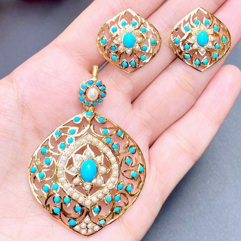 vintage bengali gold pendant set studded with pearls and turquoise