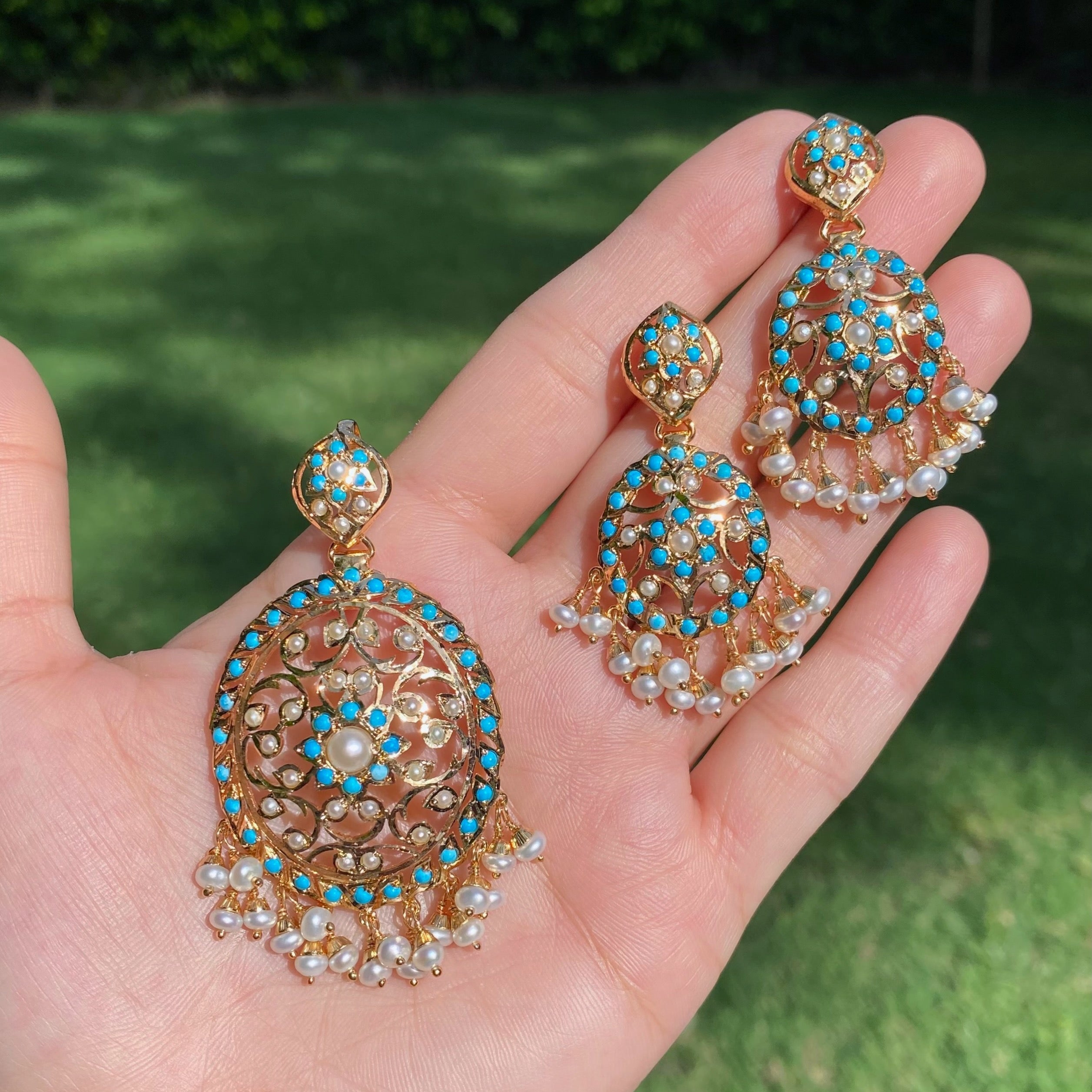 Feroza Pearl Openwork Pendant Set | Gold Plated on Silver PS 143