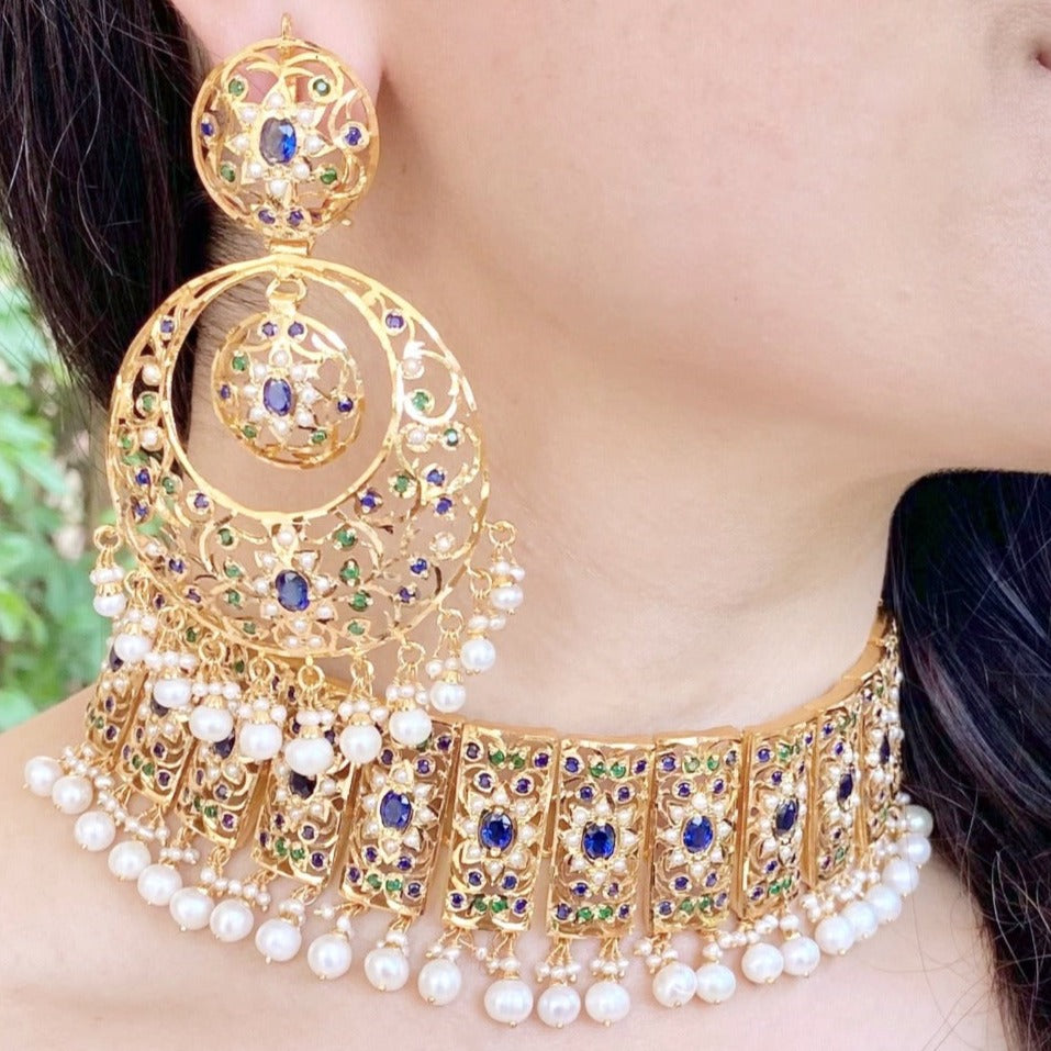 bridal Hyderabadi choker set in gold plated silver with large chandbali earrings