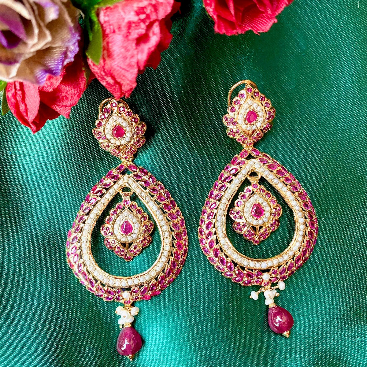 Multicolored Studded Chandbali Earrings in Gold Plated Silver ER 310