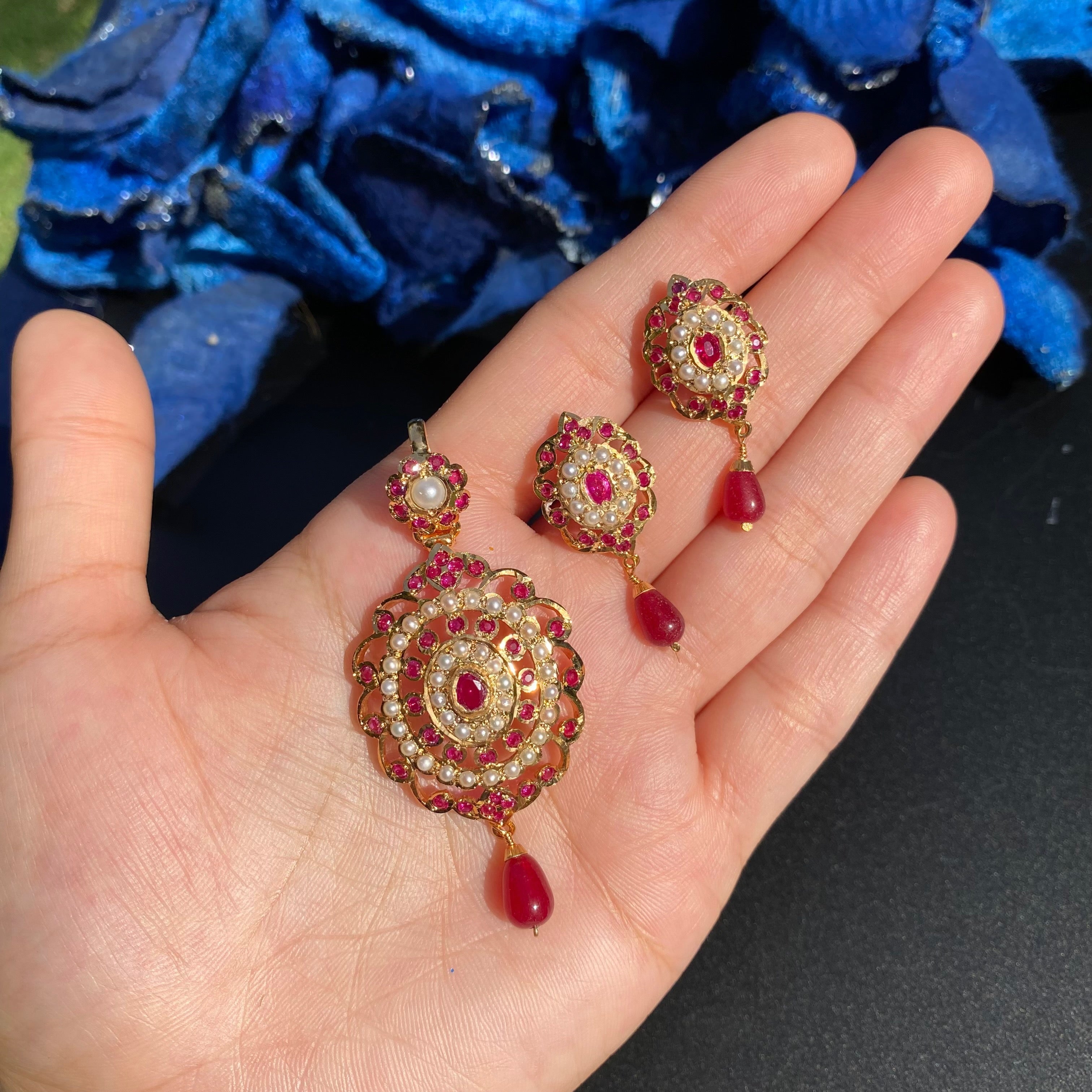 Ruby Pearl Floral Jadau Pendant Set | Gold Plated on Silver PS 142