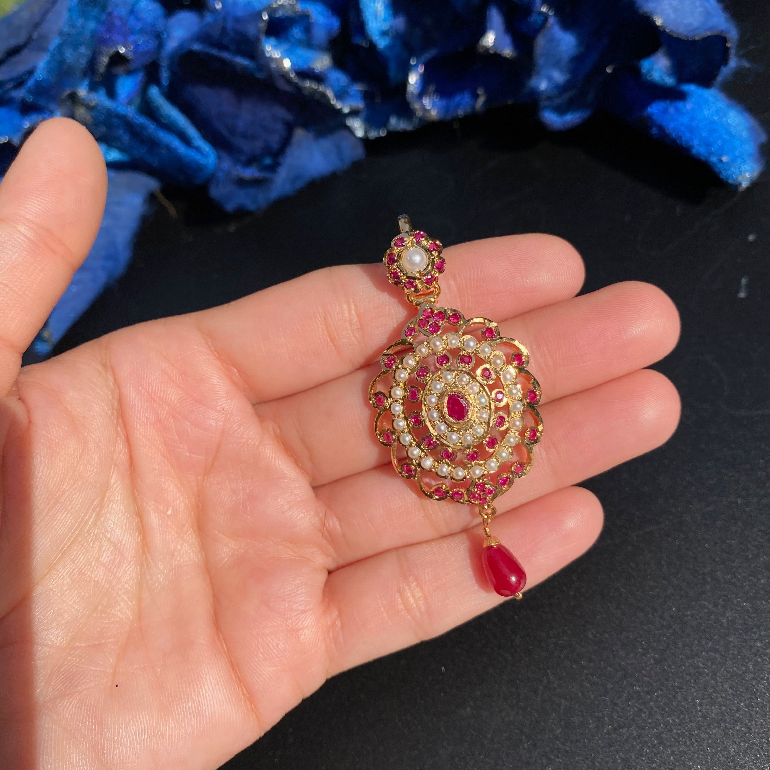 Ruby Pearl Floral Jadau Pendant Set | Gold Plated on Silver PS 142