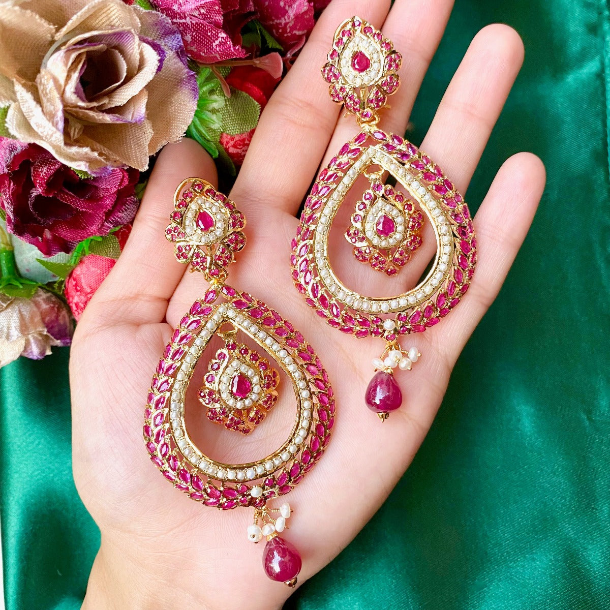 Multicolored Studded Chandbali Earrings in Gold Plated Silver ER 310