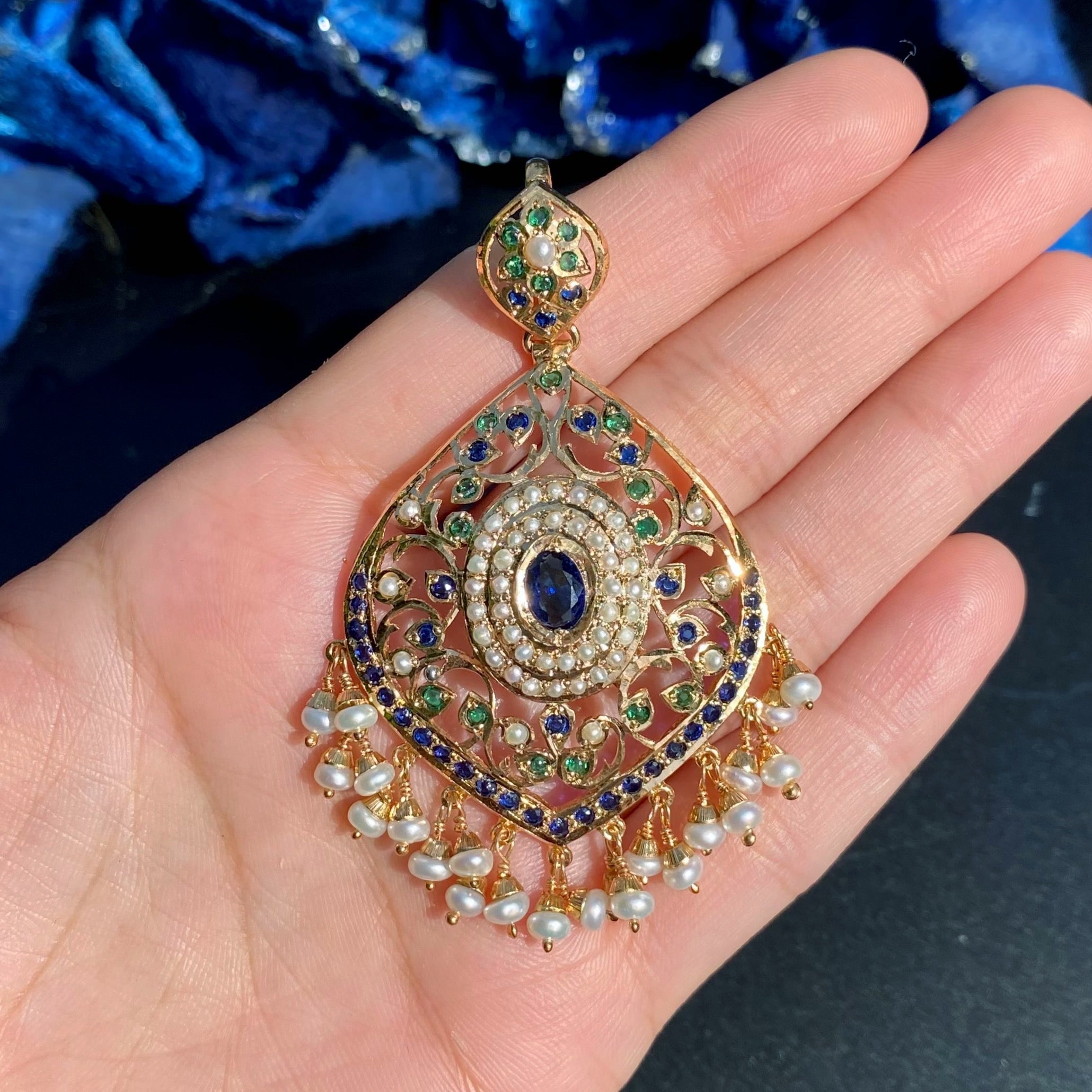 Blue Green Colors Jadau Pendant with Long Earrings | Gold Plated on Silver PS 141