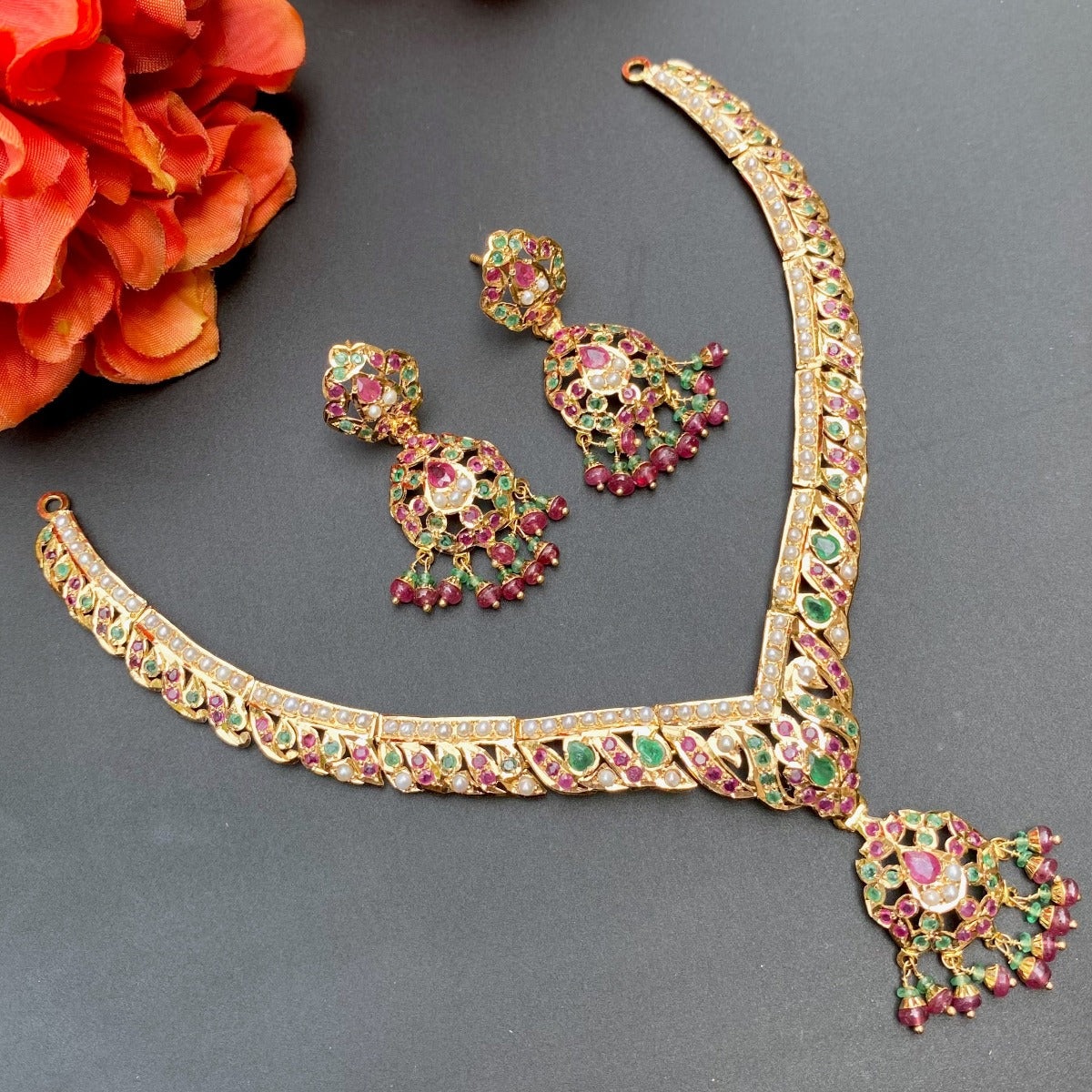 Delicate Multicoloured Indian Necklace set  | 22k Gold | Lightweight Jewelry GNS 183