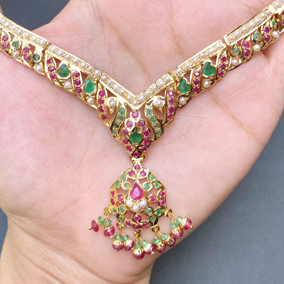 Delicate Multicoloured Indian Necklace set  | 22k Gold | Lightweight Jewelry GNS 183