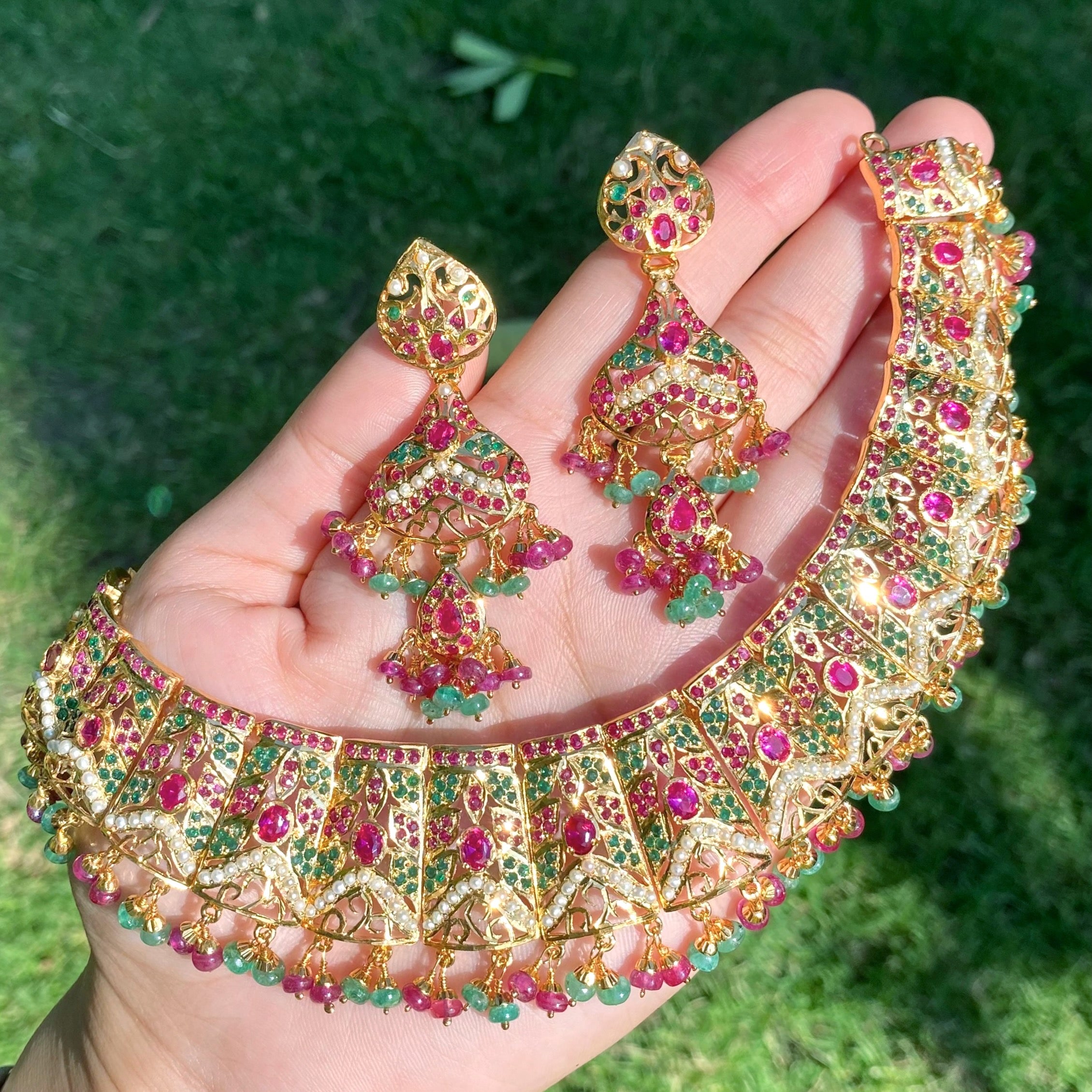 Gold Plated Jadau Guluband | Necklace Set on Silver with Gold Plating NS 054