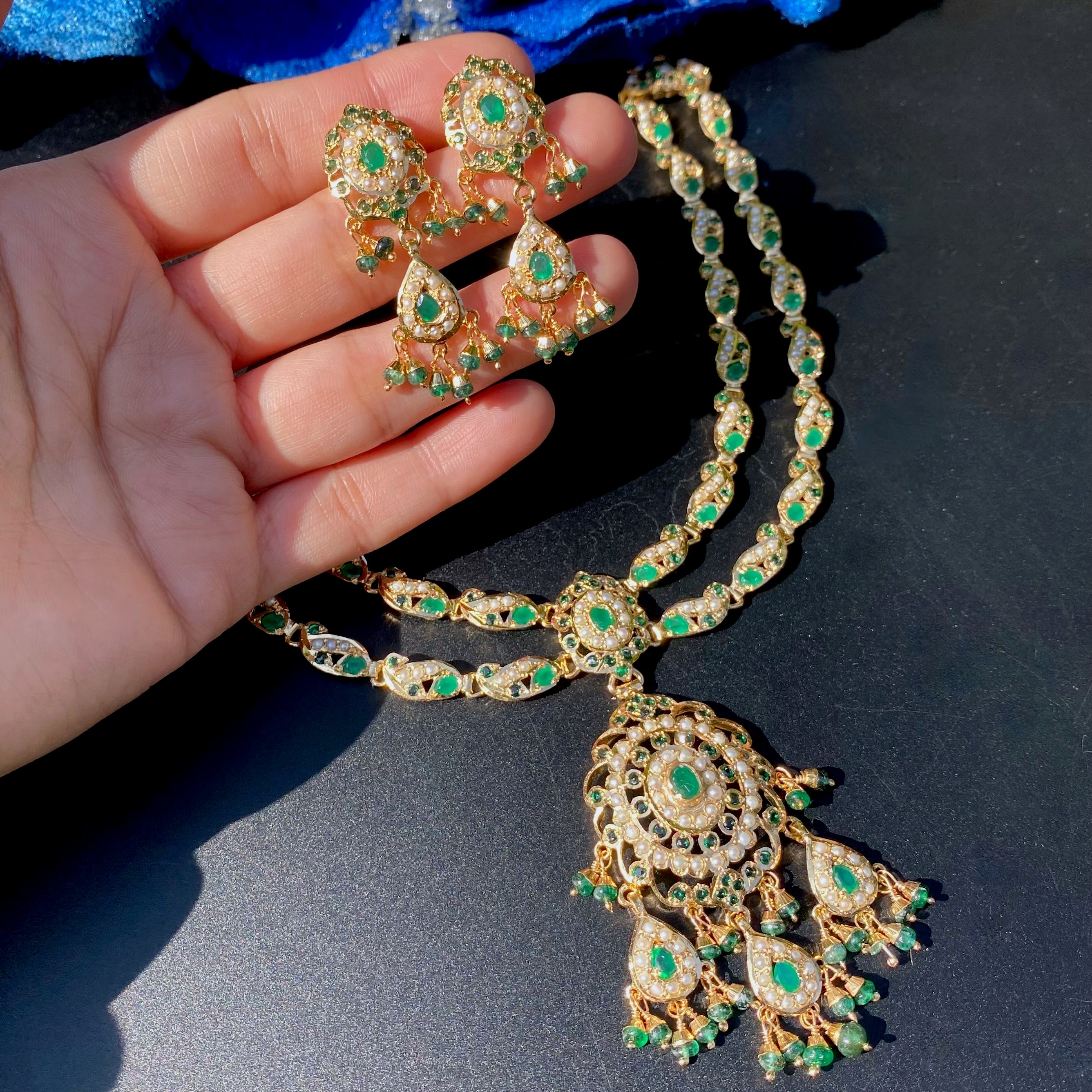Intricate Jadau Necklace Set in 925 Silver Base | Pearl & Emerald Green Combination NS 451