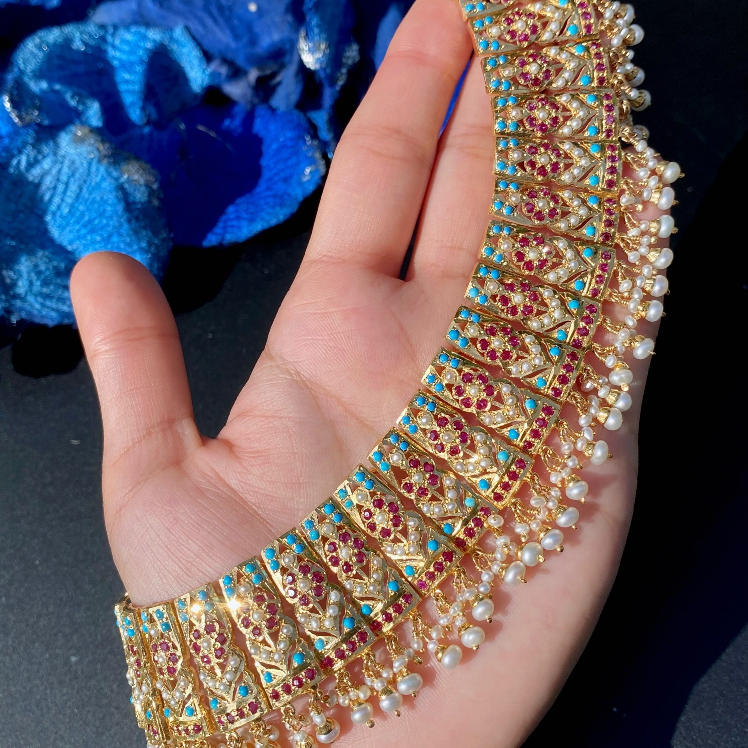 Turquoise Ruby-Red Pearl Jadau Choker Set with Chandbali Earrings | Gold Plated Silver NS 458