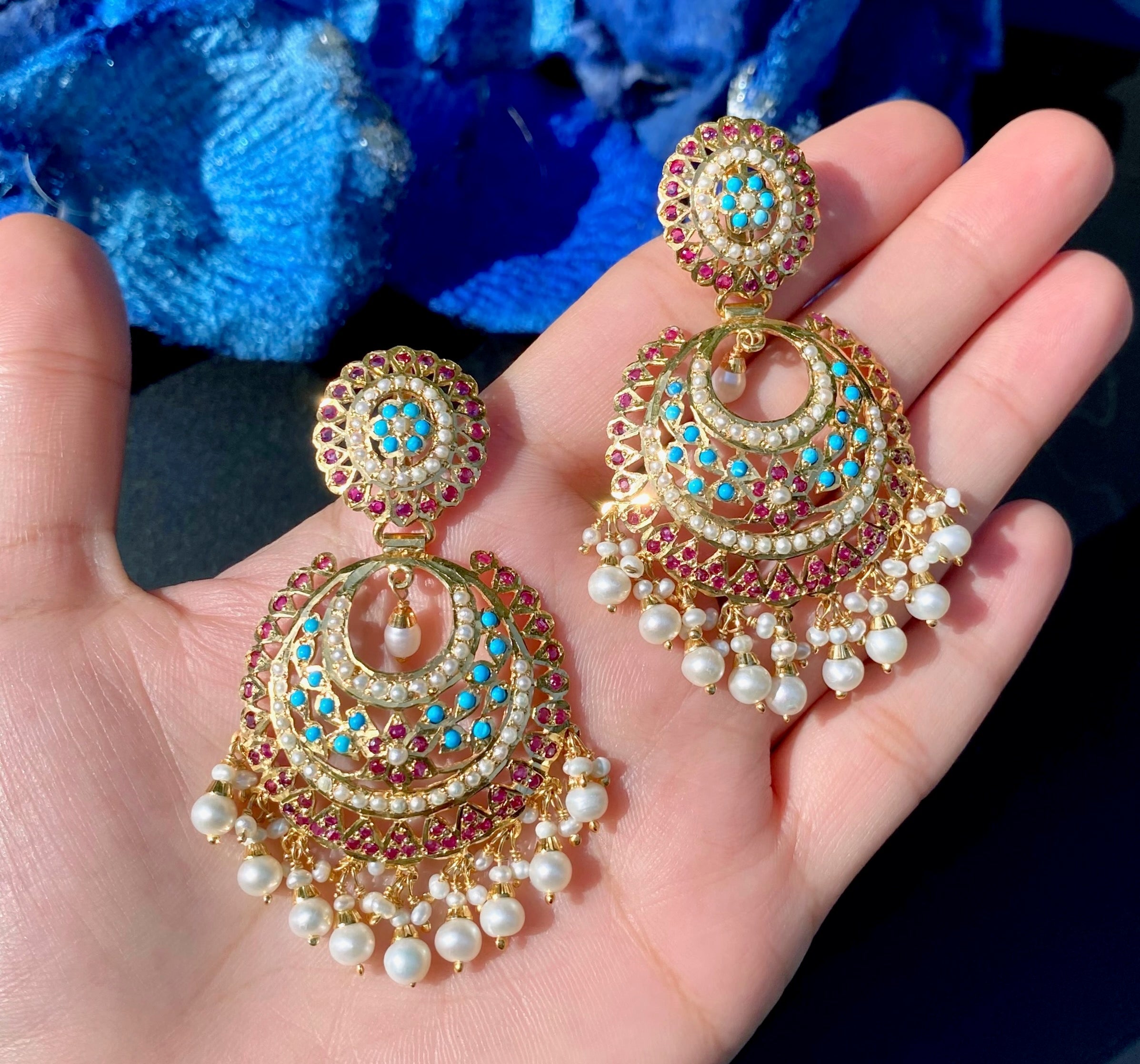 Turquoise Ruby-Red Pearl Jadau Choker Set with Chandbali Earrings | Gold Plated Silver NS 458
