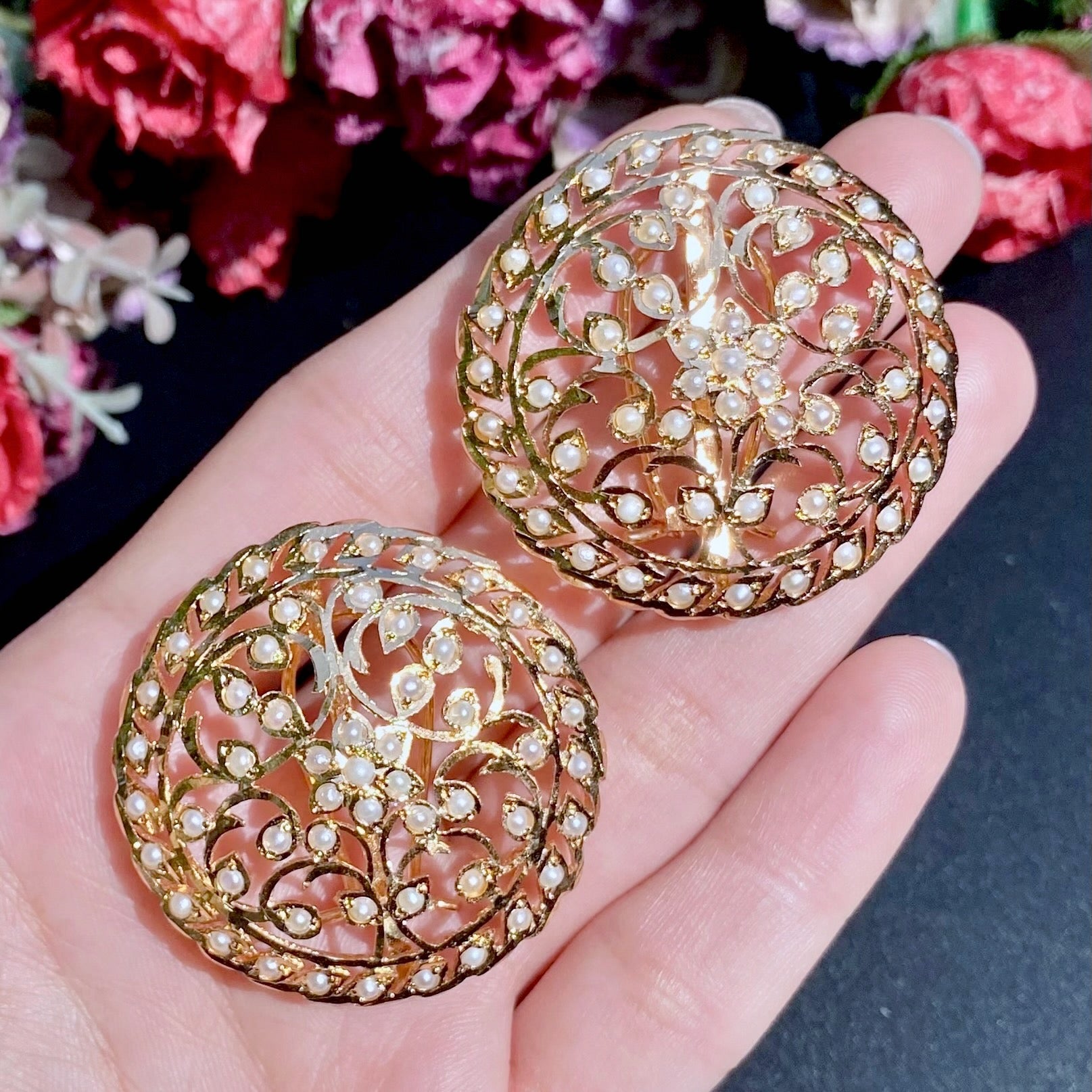 Statement Stud Earrings | Large Round Pearl Stud Earrings | Gold Plated ER 355