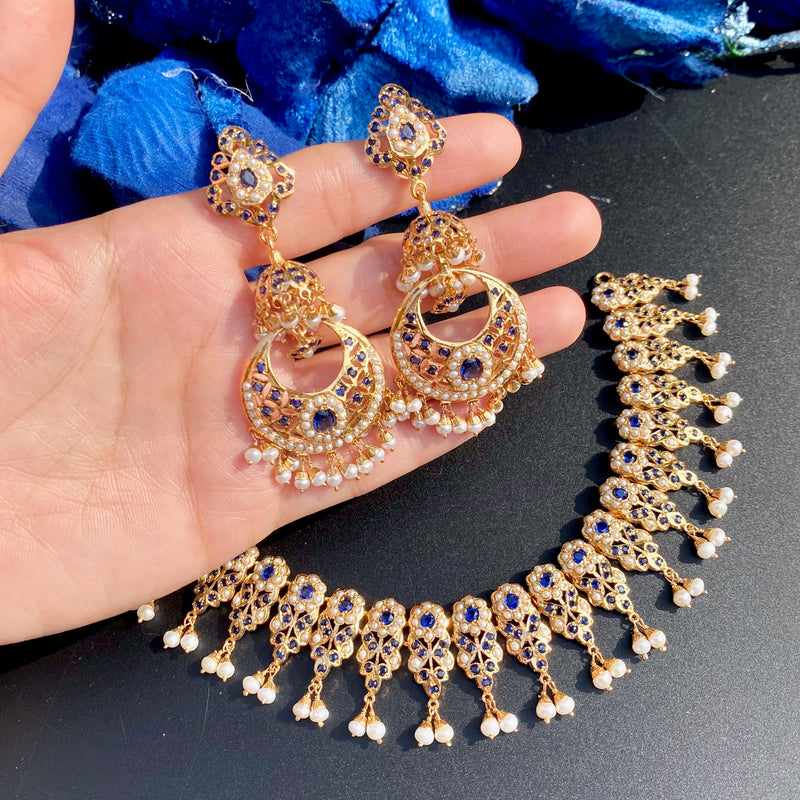 Sapphire-Blue Pearl Jadau Choker Set | Gold Plated on Sterling Silver Base NS 467
