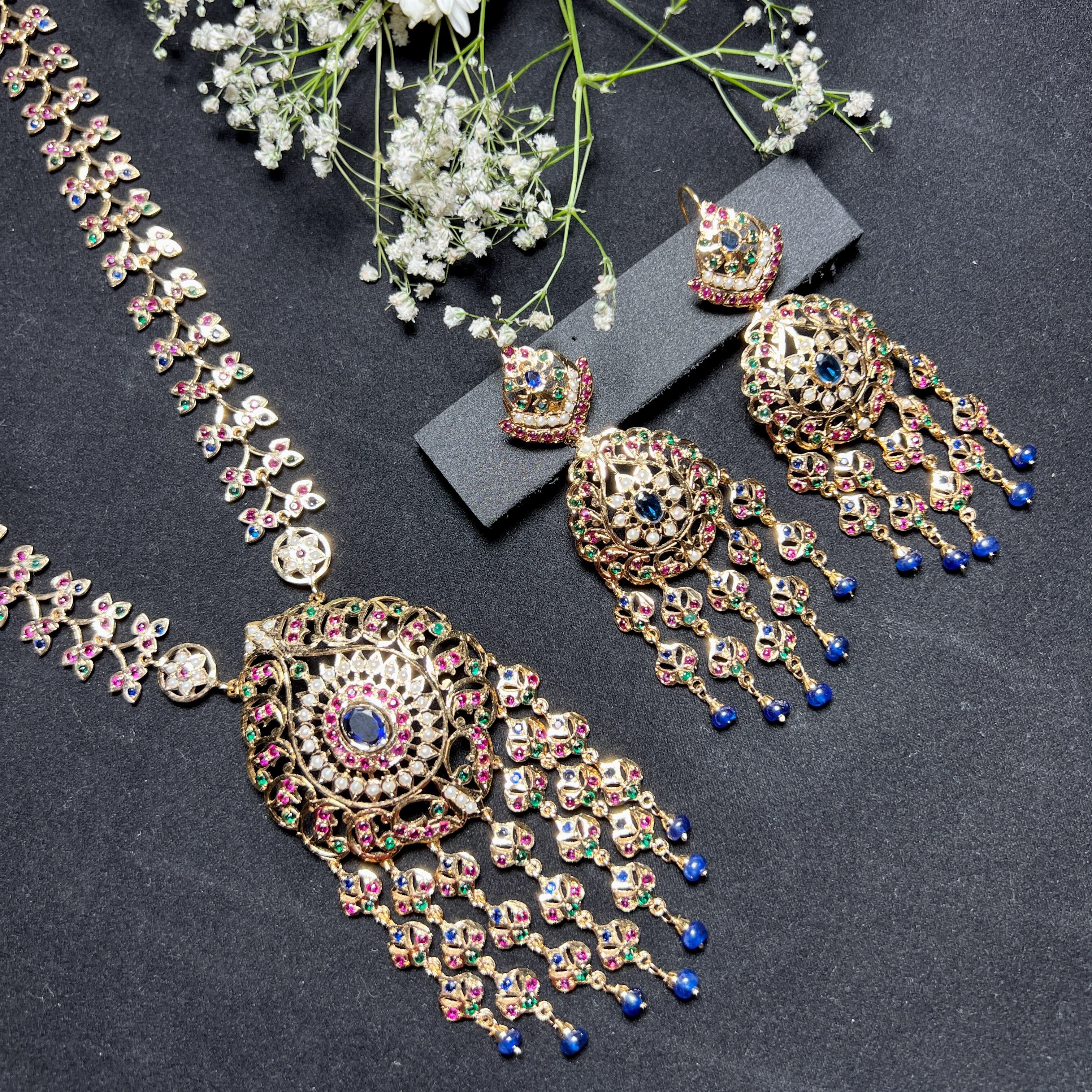 Multicoloured Arabian Necklace Set | Jadau Jewelry on Silver NS 492