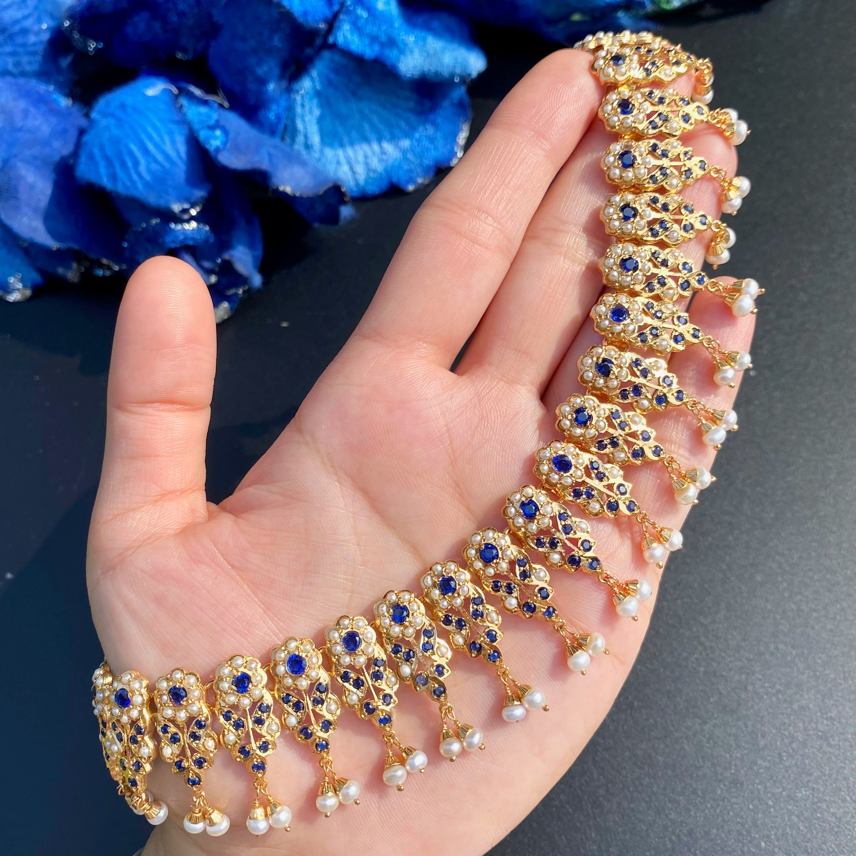 Sapphire-Blue Pearl Jadau Choker Set | Gold Plated on Sterling Silver Base NS 467