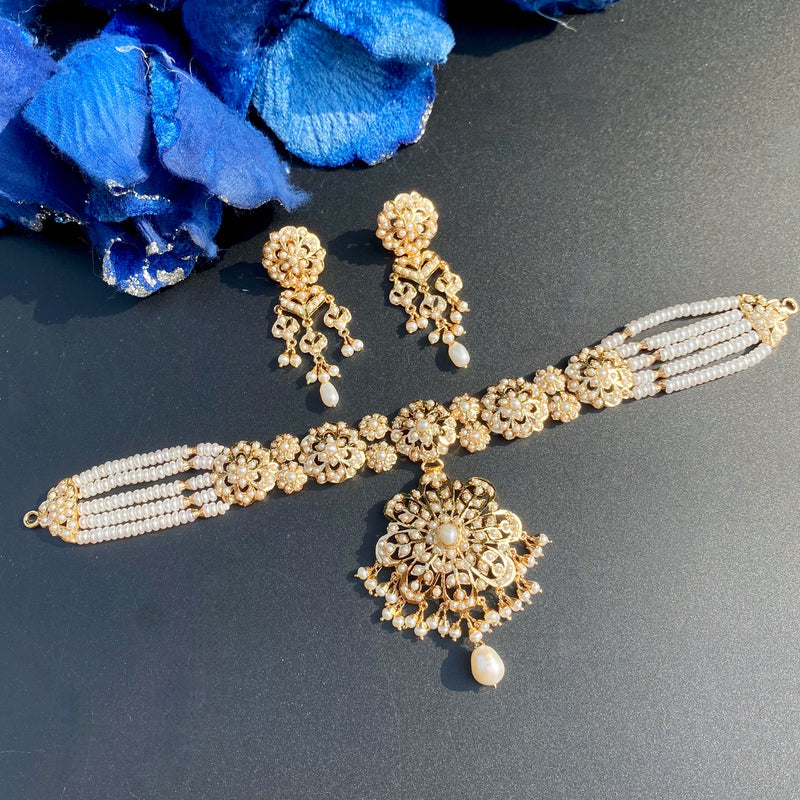 Exquisitely Crafted Pearl Choker Set | Gold Plated on 925 Silver NS 454