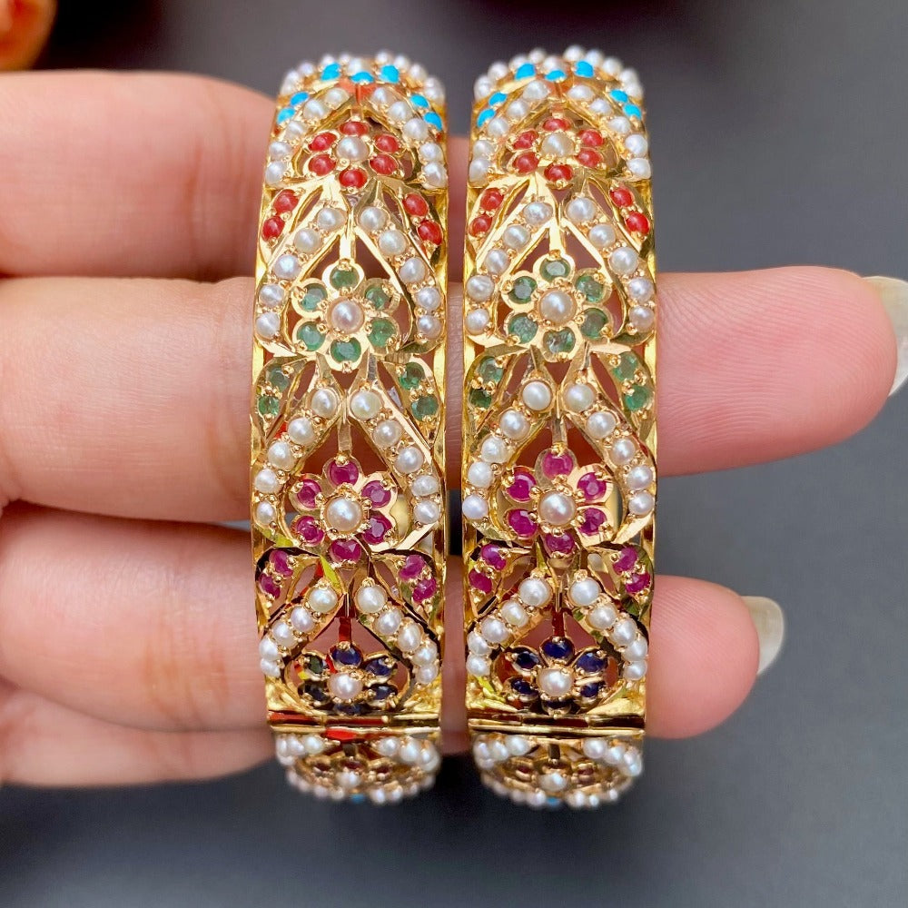 Punjabi jadau bangles in 22k gold with navratna stones