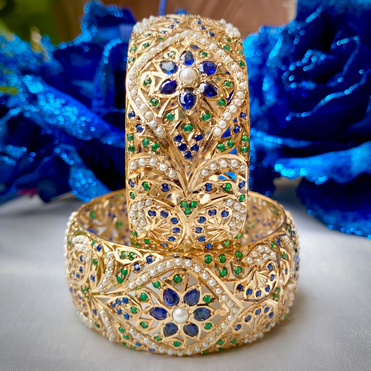 gold plated pearl and sapphire Hyderabadi bangles