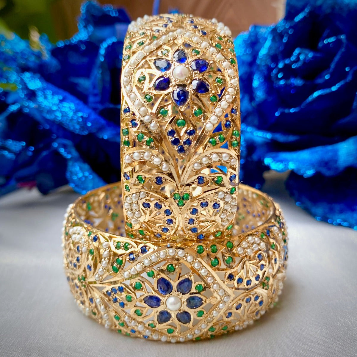 gold plated pearl and sapphire Punjabi bangles