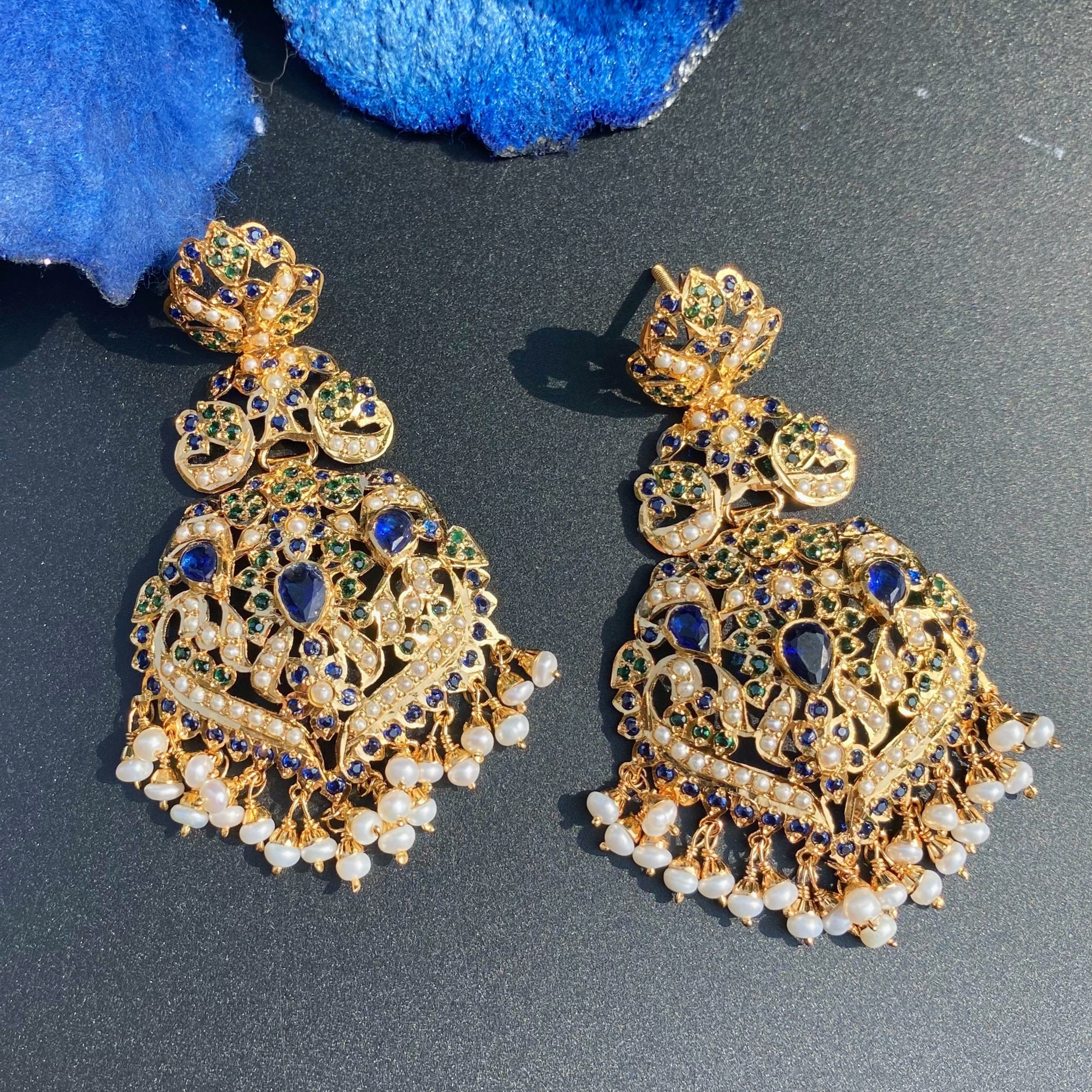 Royal Blue & Emerald Pearl Jadau Statement Earrings | Gold Plated on 925 Silver ER 701