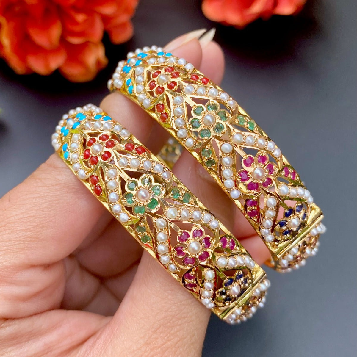 Hyderabadi 916 gold bangles studded with navratna stones