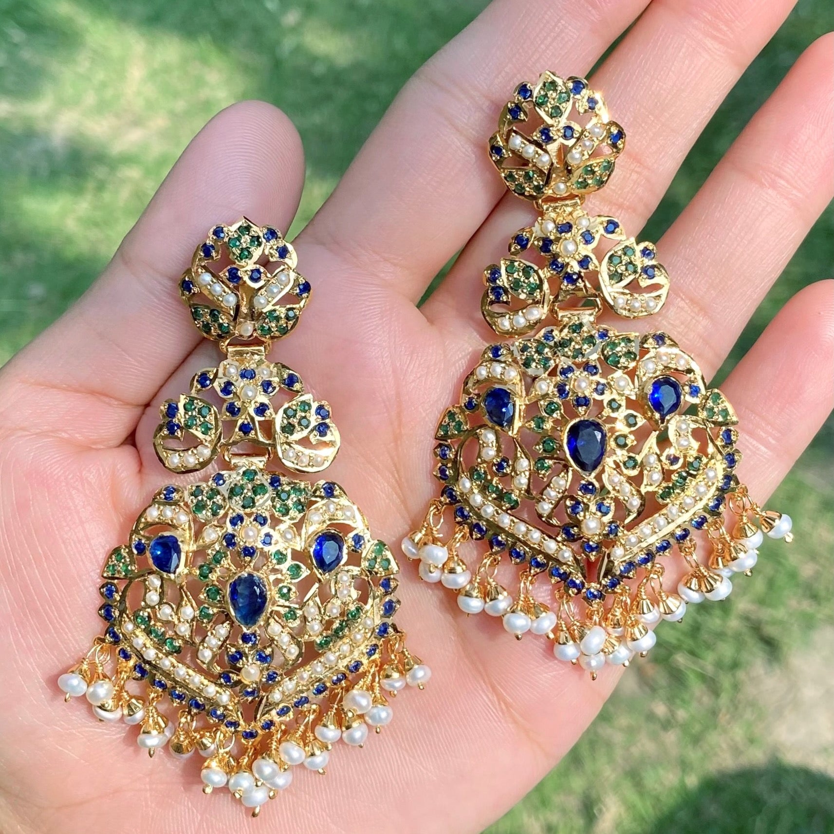 Royal Blue & Emerald Pearl Jadau Statement Earrings | Gold Plated on 925 Silver ER 701