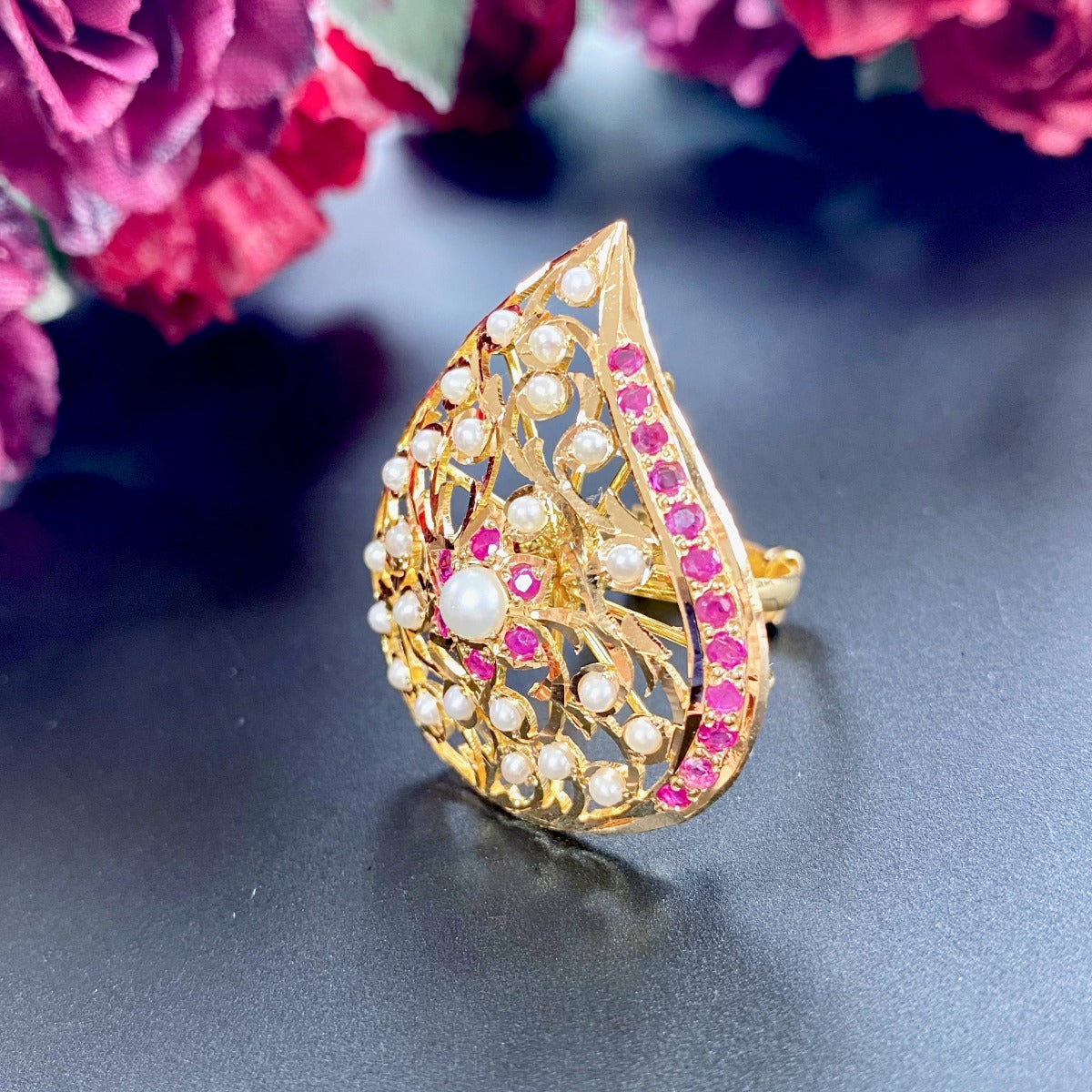 Ruby & Pearl Gold Ring | Pure 22k Gold | Shop Cocktail Rings for Women Online GLR 029