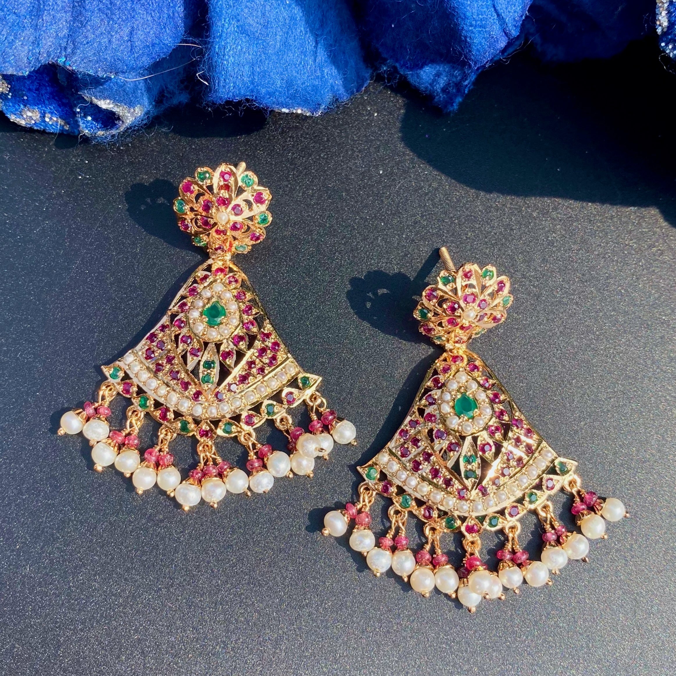 Ruby Emerald Pearl Fan Shaped Jadau Earrings | Gold Plated on 925 Silver ER 702