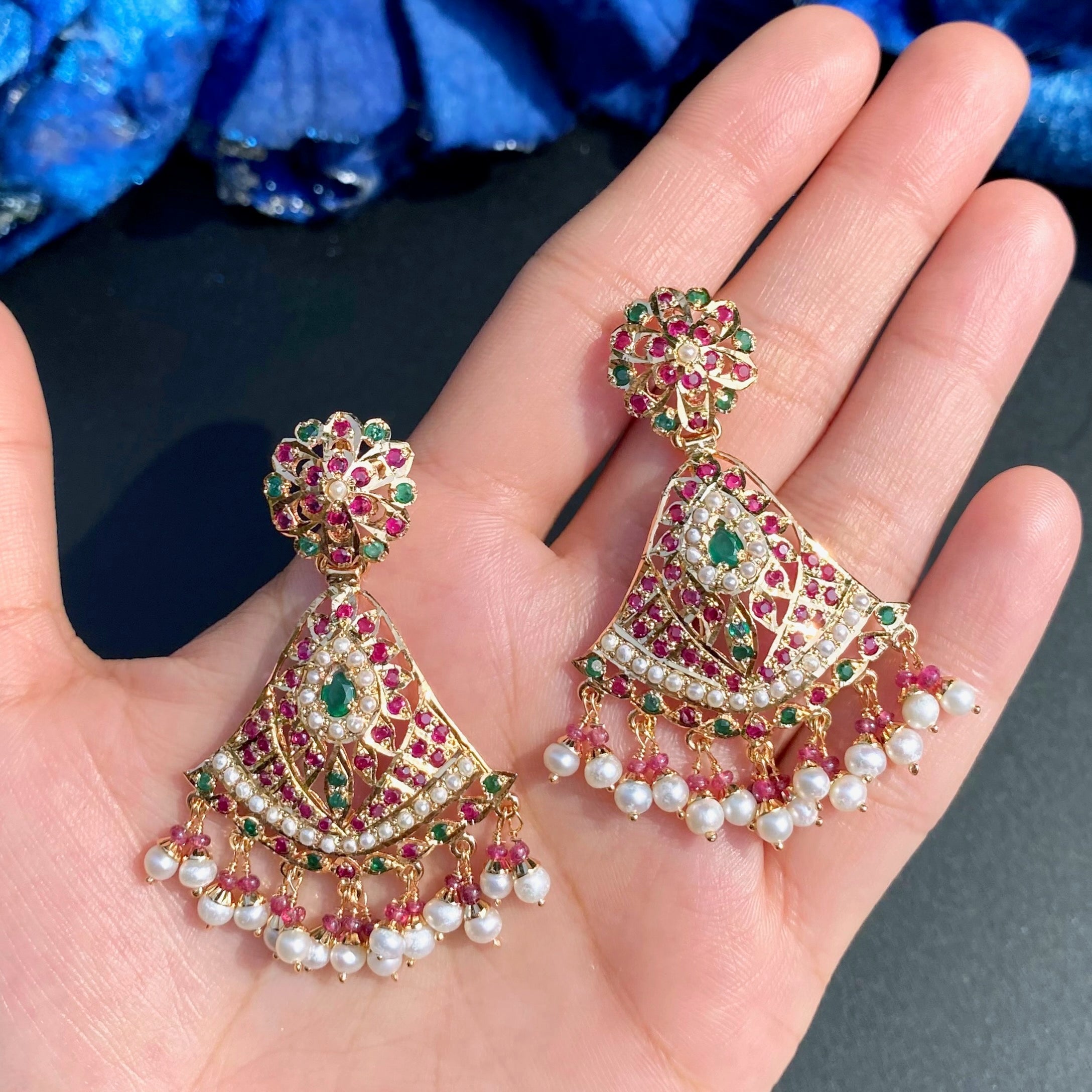 Ruby Emerald Pearl Fan Shaped Jadau Earrings | Gold Plated on 925 Silver ER 702