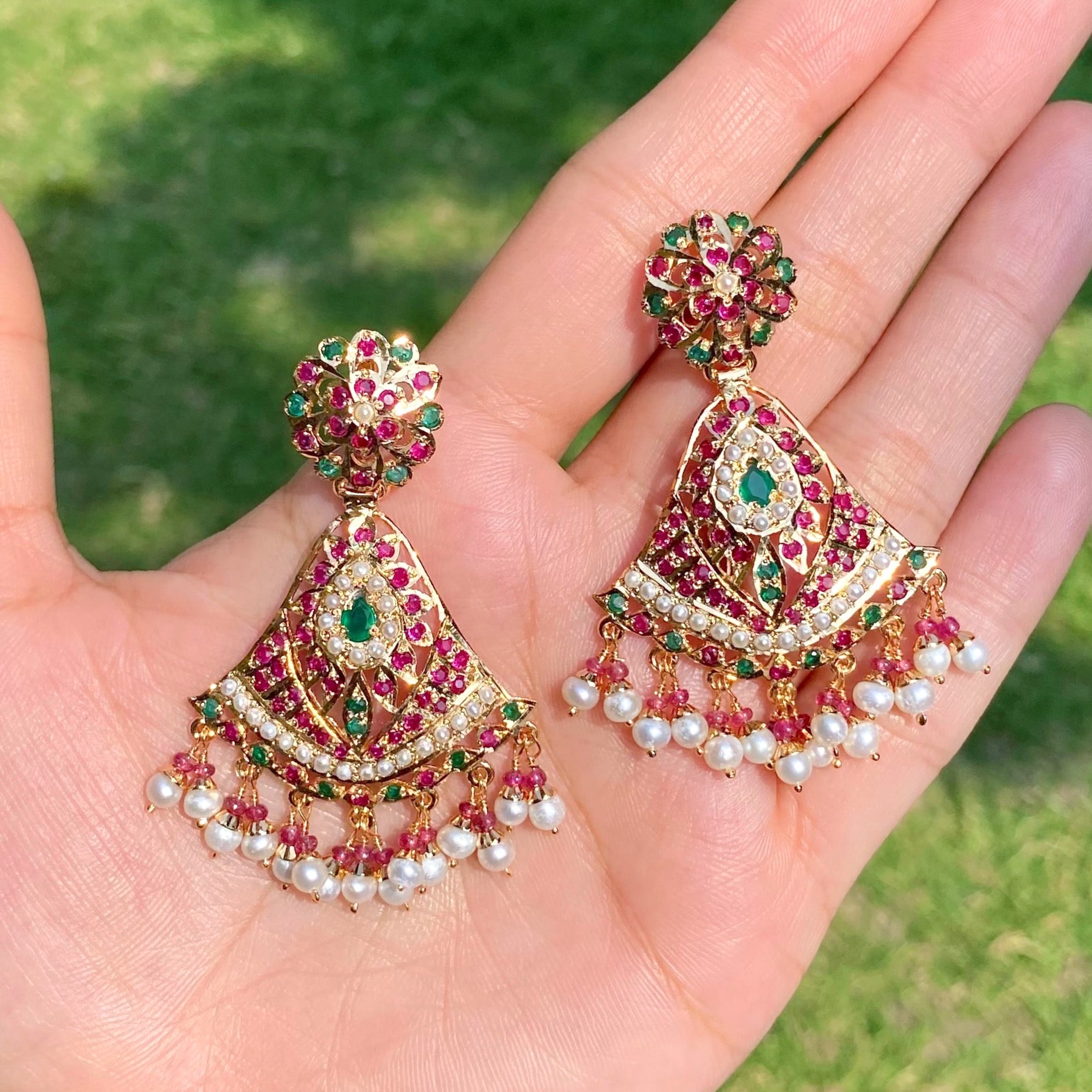 Ruby Emerald Pearl Fan Shaped Jadau Earrings | Gold Plated on 925 Silver ER 702