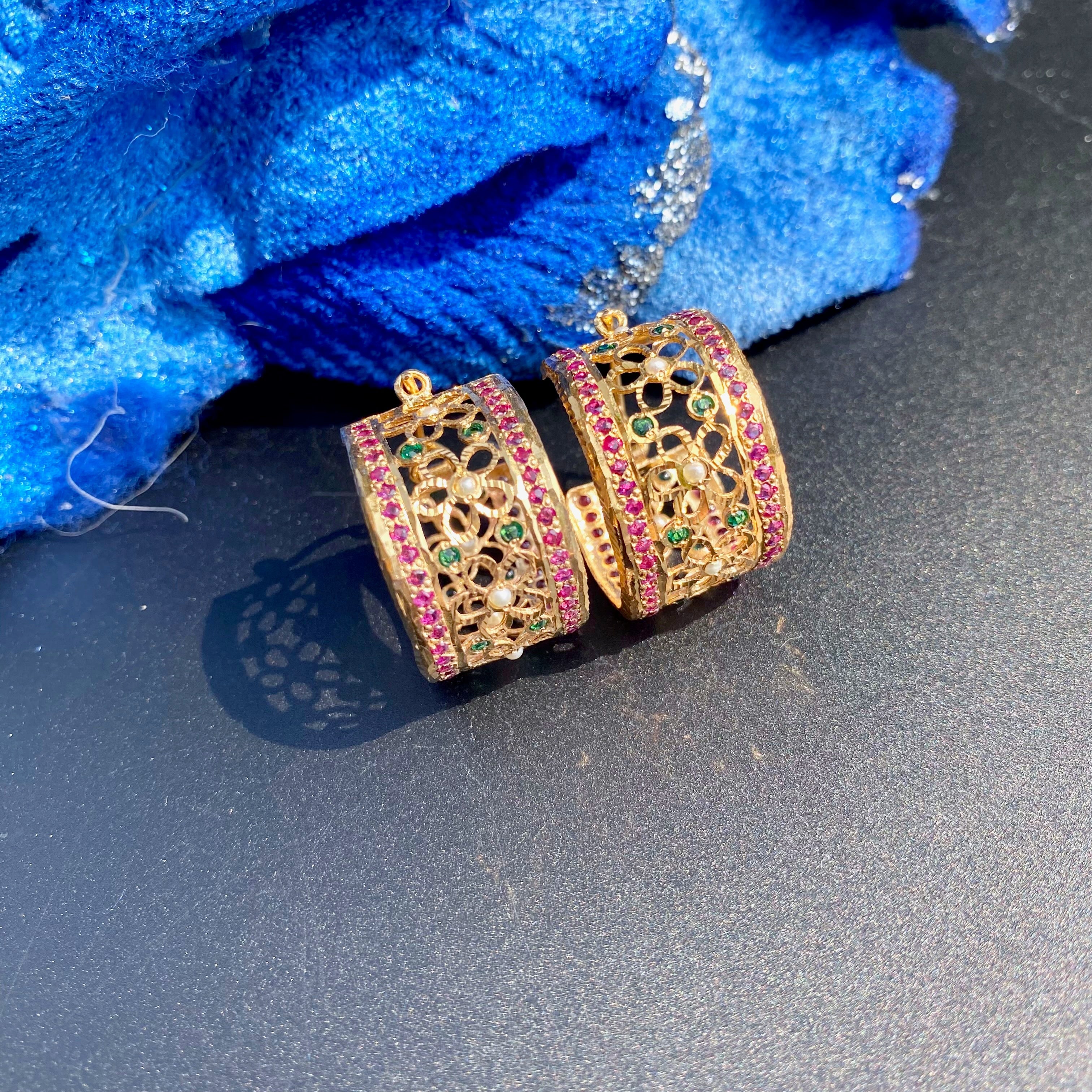 Ruby-Green Floral Jadau Hoop Earrings | Gold Plated Silver ER 709