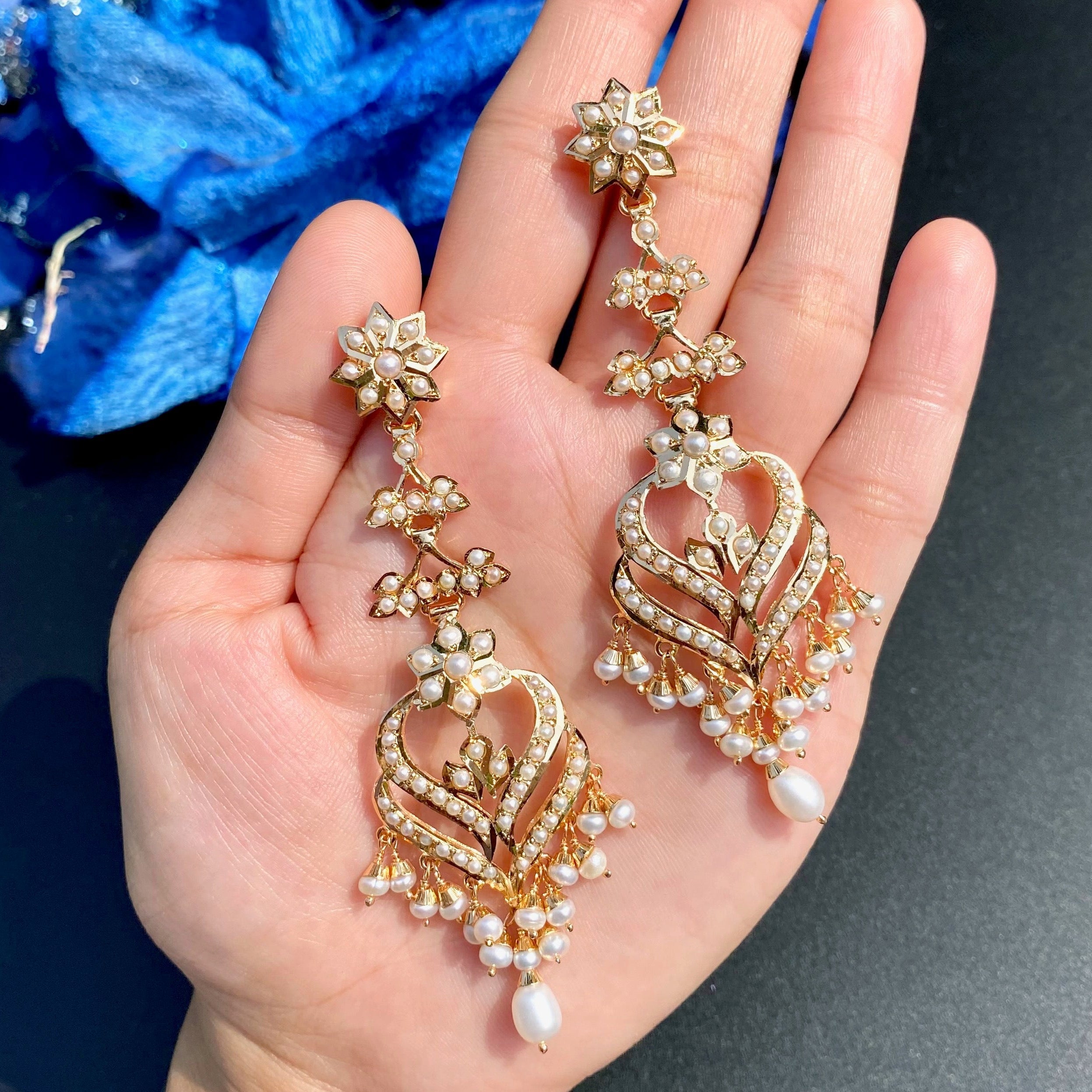 Pearl Lotus Jadau Long Earrings | Gold Plated on Silver ER 704