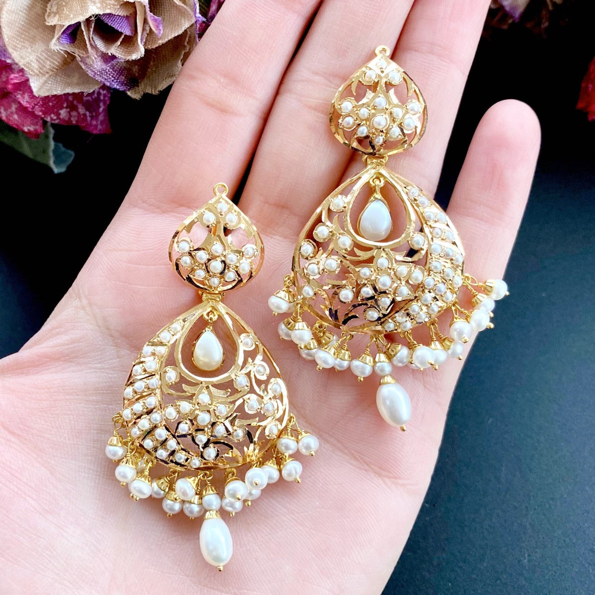 bengali pearl chandbali earrings