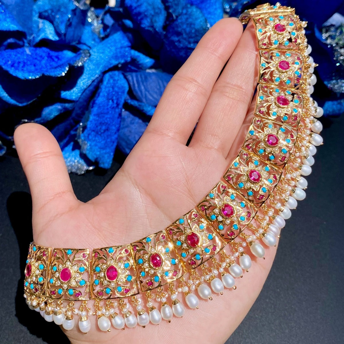 broad and heavy Hyderabadi bridal necklace