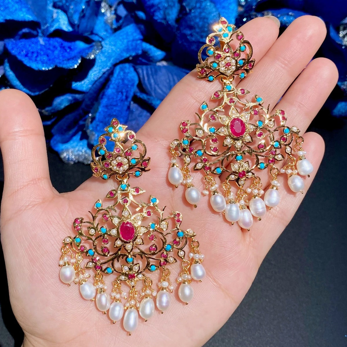 statement Indian earrings with ruby and pheroza