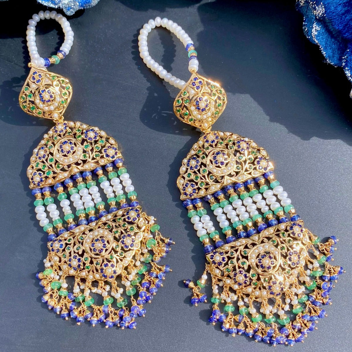 Grand Jhoomar Earrings | Freshwater Pearls & Emerald Beads | Gold Plated ER 518