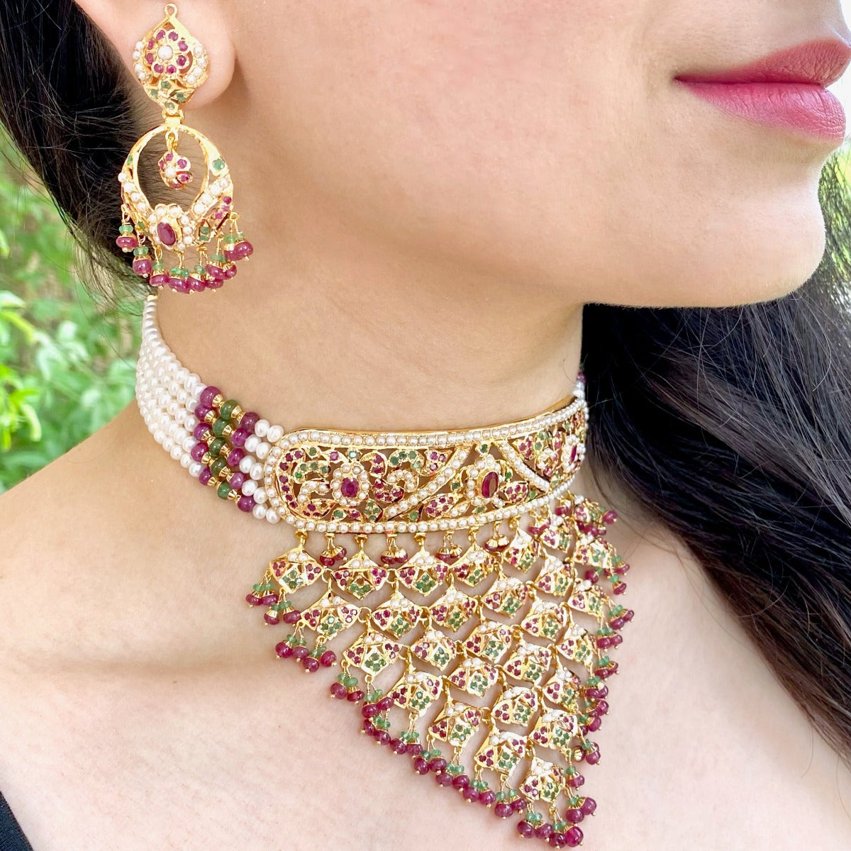 big hyderabadi jadau choker with jaal and pair of chandbalis