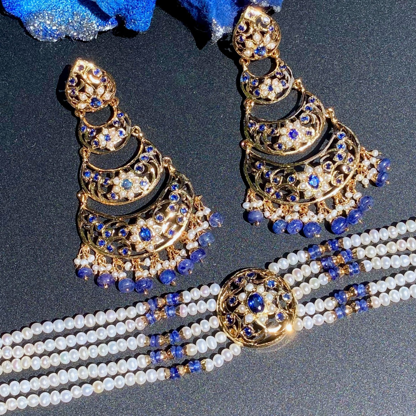 Sleek Choker with Earrings | Sapphire and Pearl Jewelry | Jadau Choker Set | NS 310