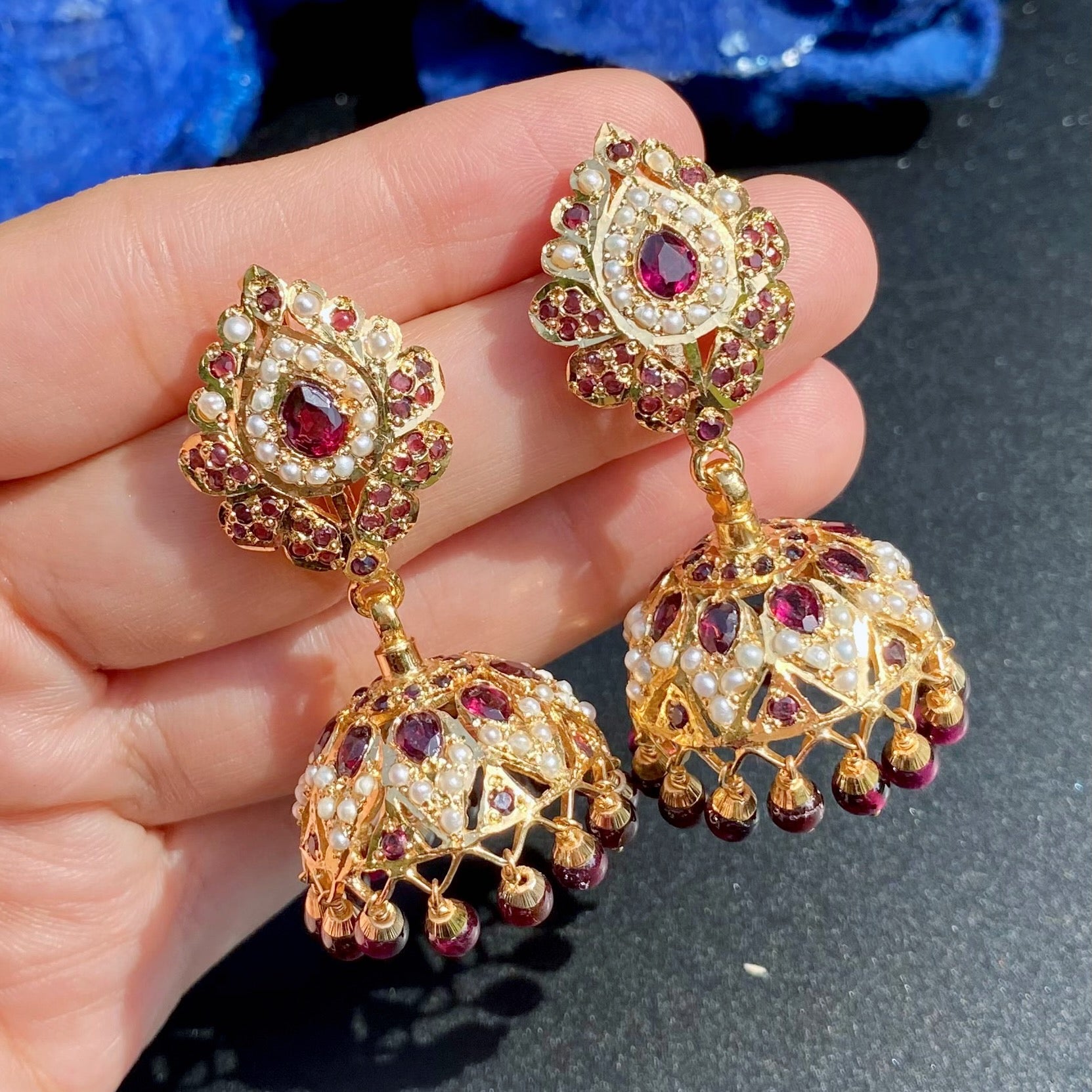 Pearl & Garnet Jhumka Earrings | Gold Plated Luxury Jadau on Silver Base ER 677