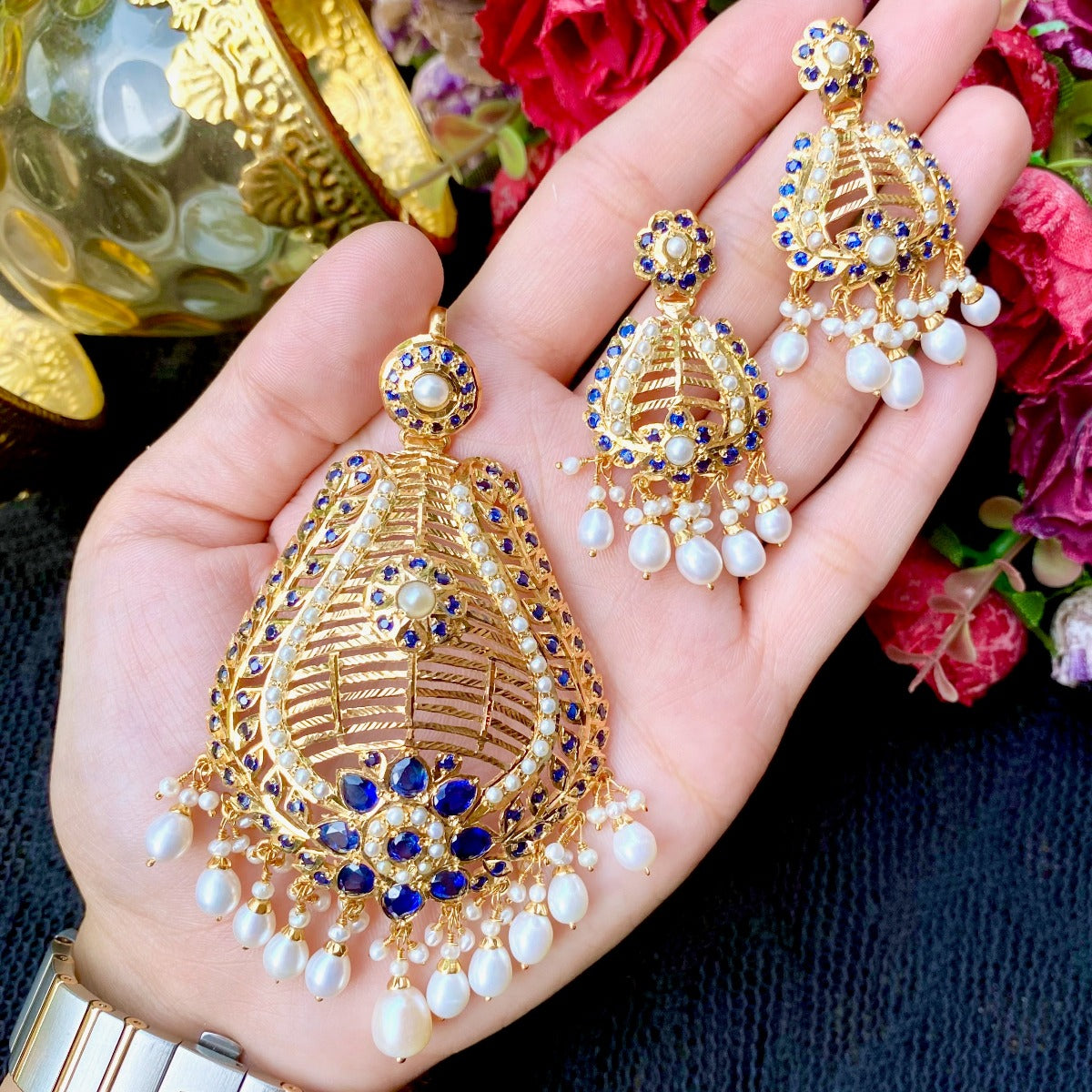 gold plated pendant set neelam