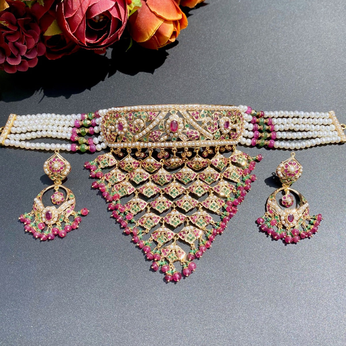 Heavy Look Stone Studded Jadau Choker Necklace Set | Rajasthani aad design |  22k Gold GNS 114