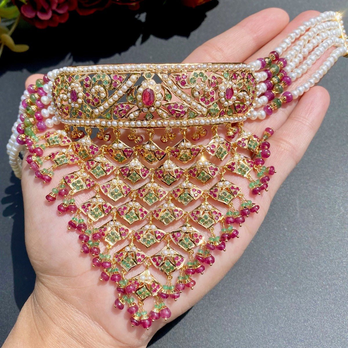 intricate hyderabadi choker with ruby and emerald studded