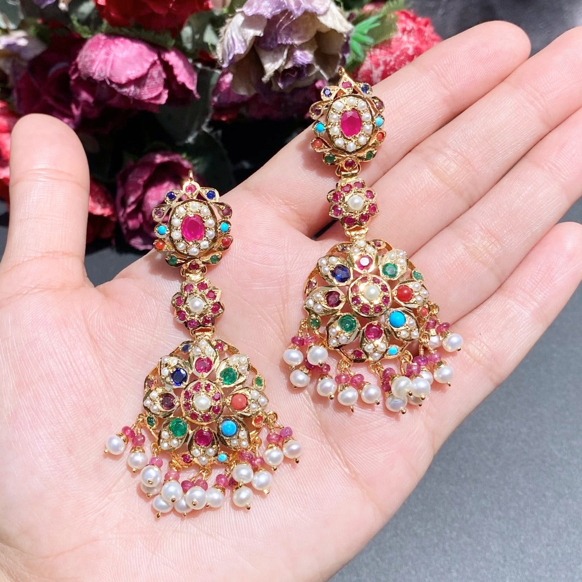 jadau navratna earrings in silver