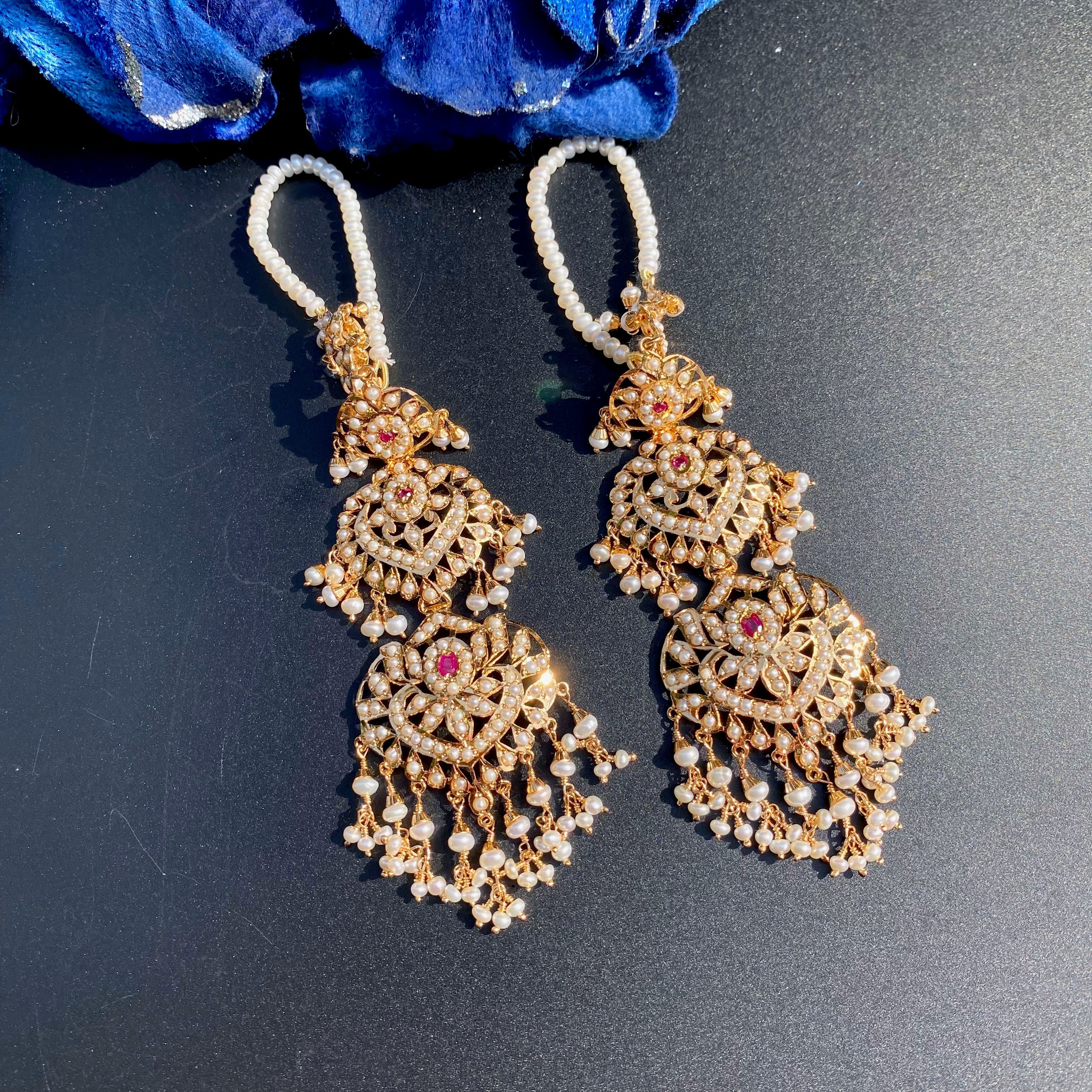 Long Pearl Jadau Earrings with Ear Chain | Gold Plated on Silver ER 719