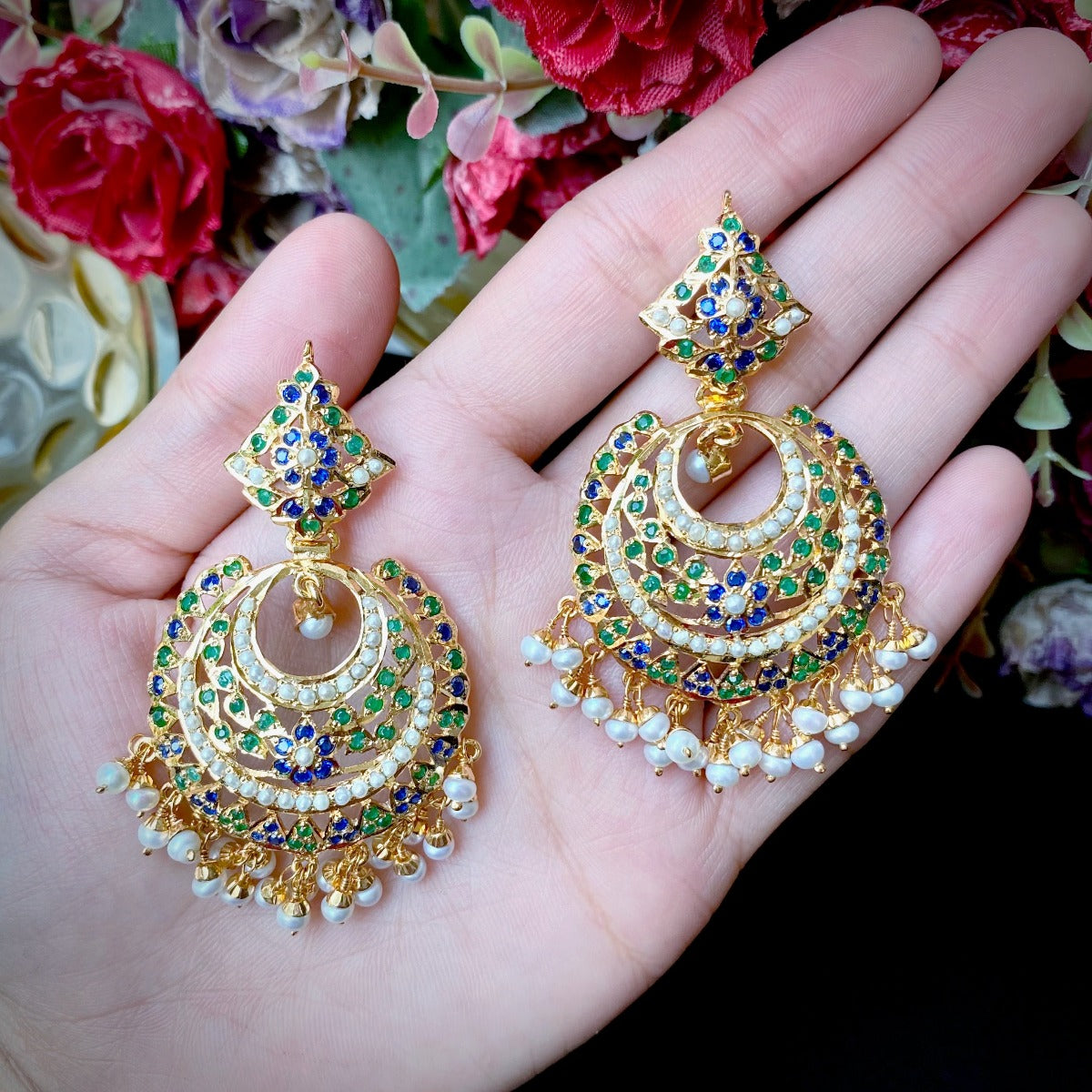 Multicolored Jadau Chandbali Earrings in Gold Plated Silver ER 326