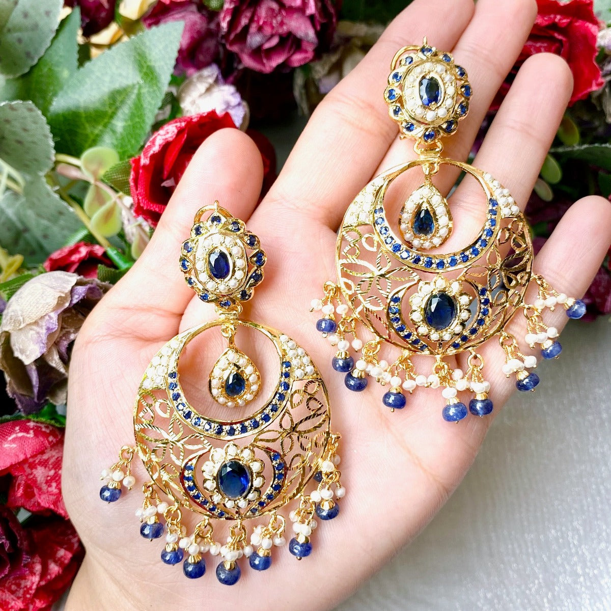 Pearl Sapphire Color Stones | Jadau Chandbali Earrings | Gold Plated Silver ER 318