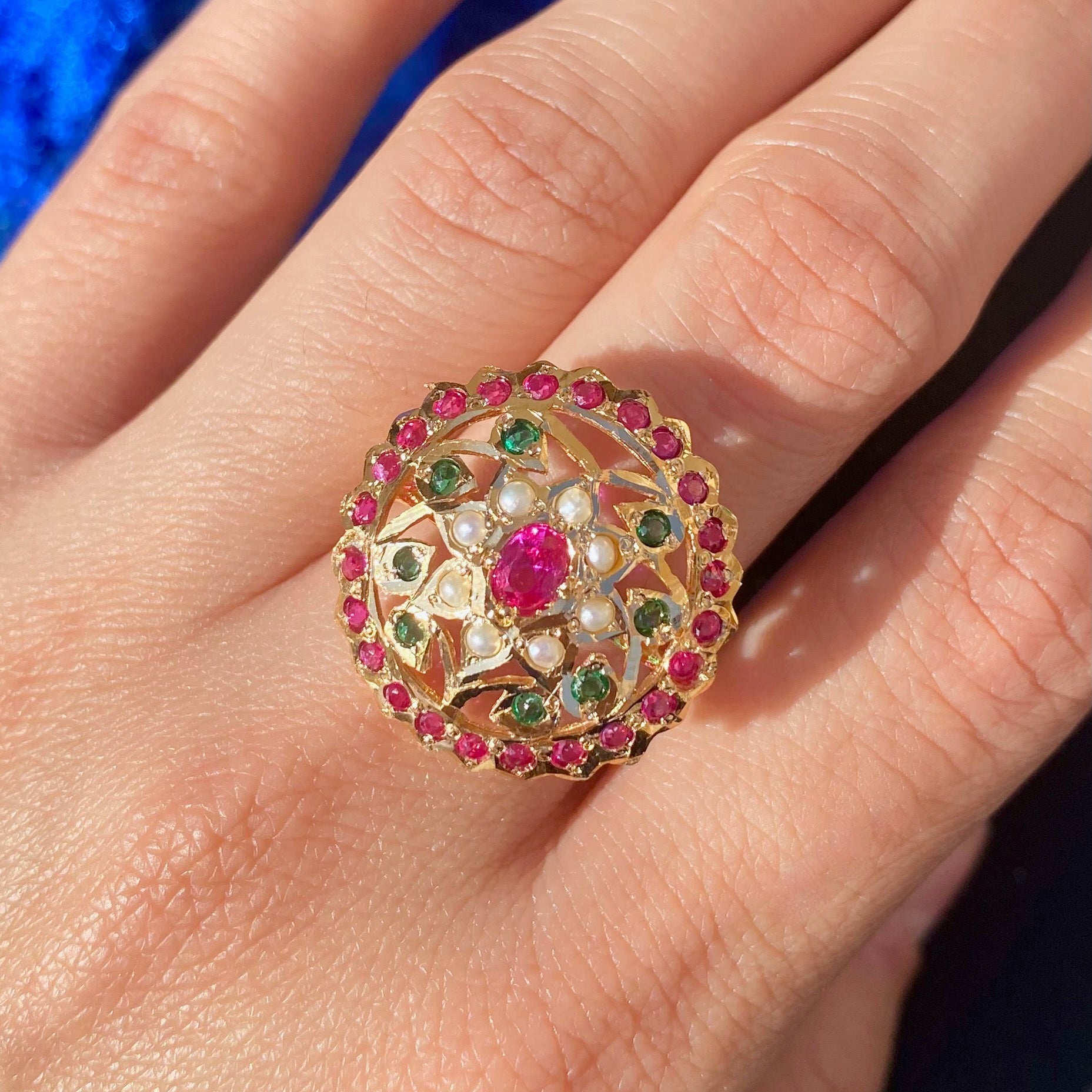 Jadau Ring for Women | Ruby Emerald & Pearl Colours | Gold Plated Silver | LR 062