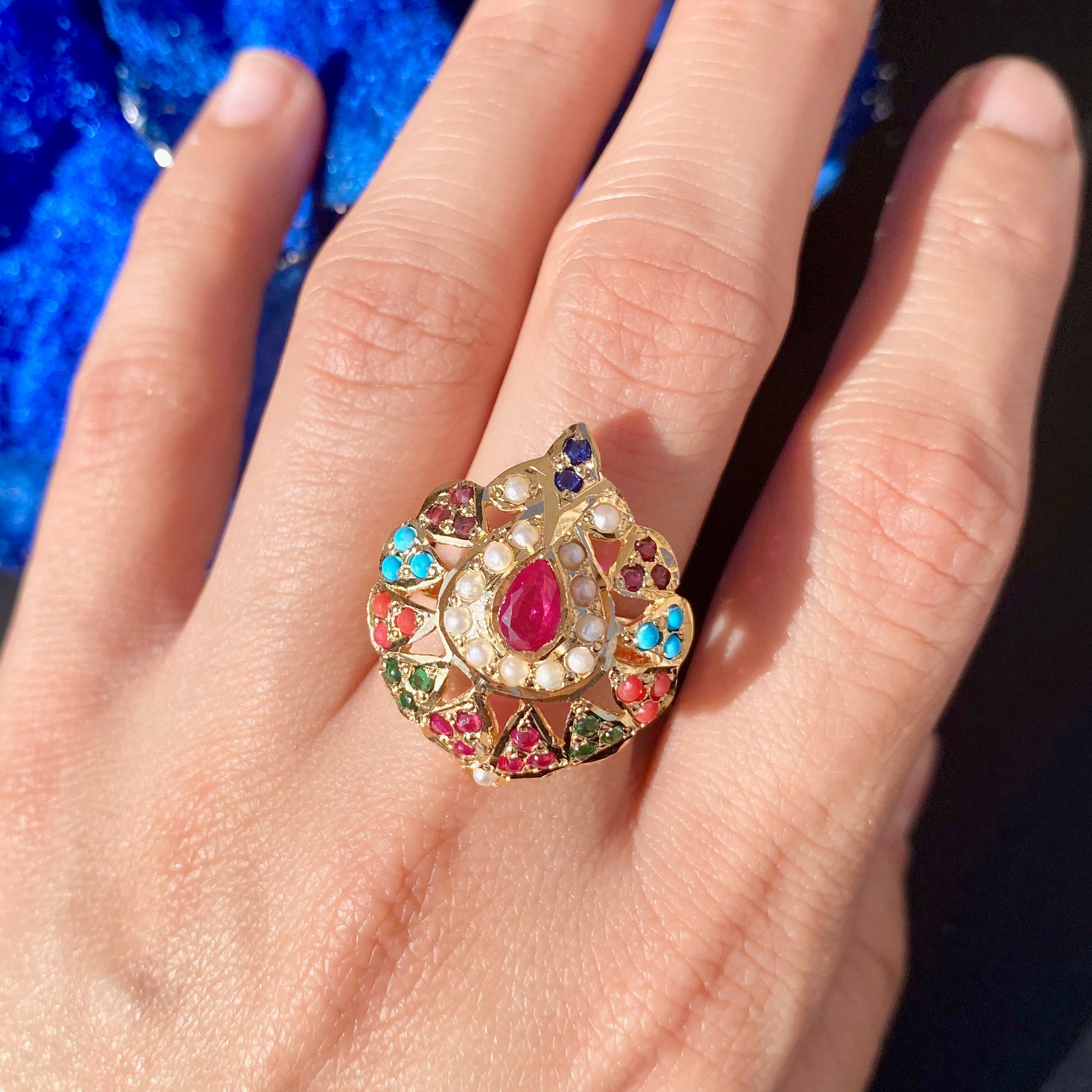 Gold Plated Navratan Ring | Sterling Silver | Handcrafted Cocktail Ring | LR 064