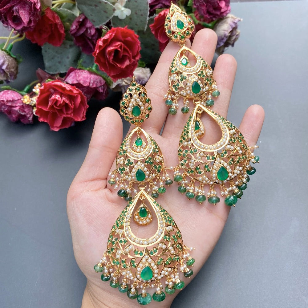 extra long Hyderabadi earrings in gold plated silver