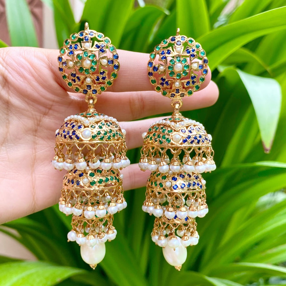 Punjabi tripple jhumka earrings in jadau