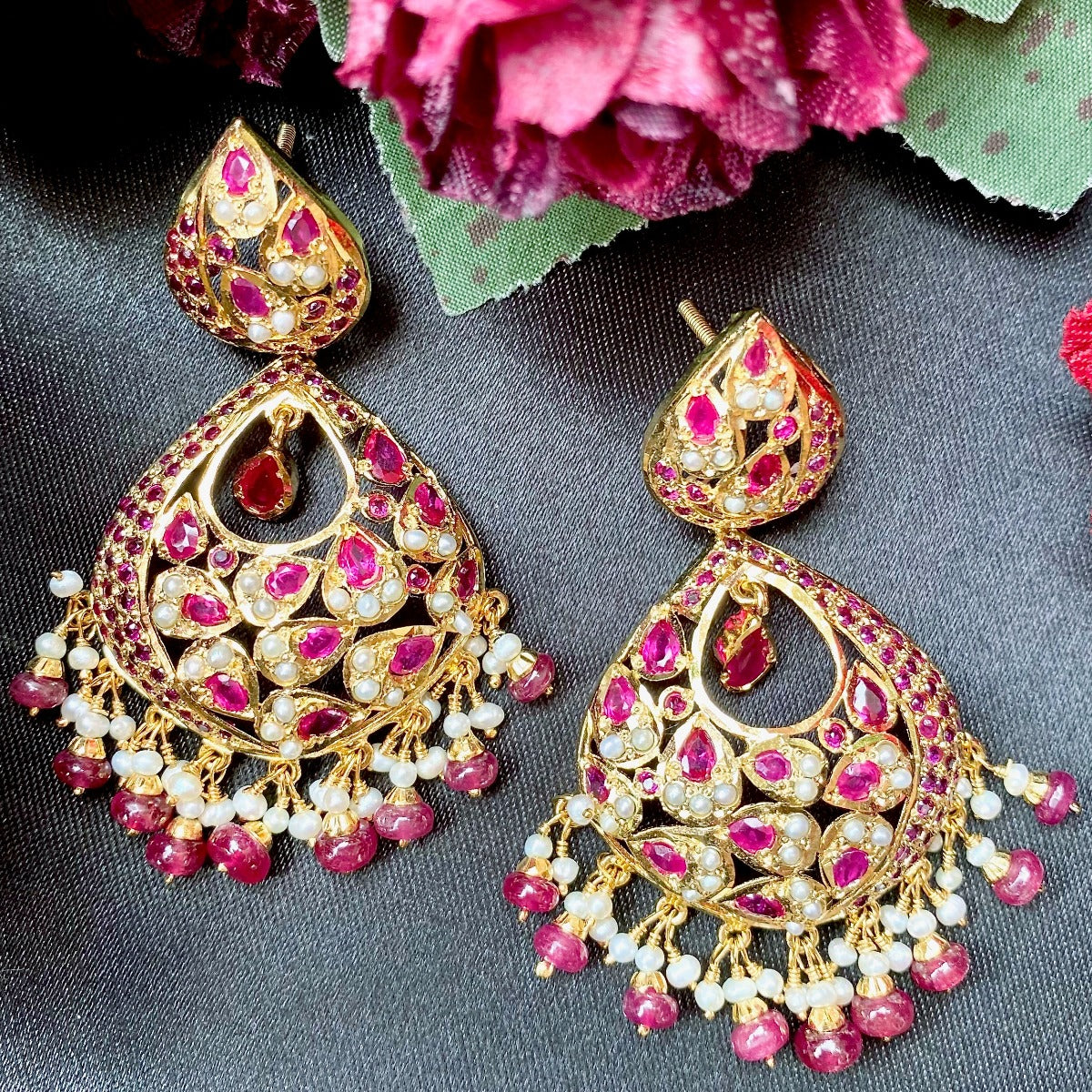 Pearl Ruby Jadau Chandbali Earrings | Gold Plated Silver Jewellery ER 330